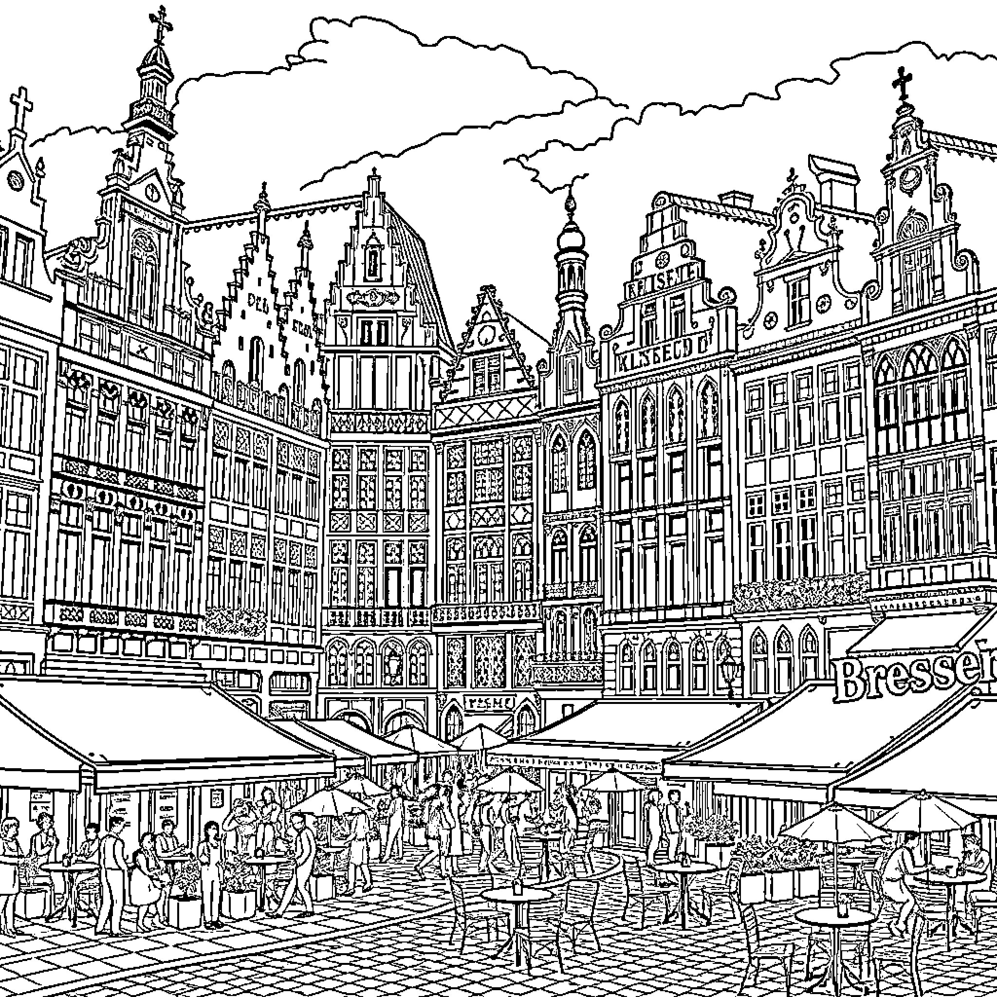 Brussels historic buildings and lively market scene Coloring Page (free black-and-white line drawing printable PDF for all, from beginners to advanced learners, including children, teens, adults, and seniors)
