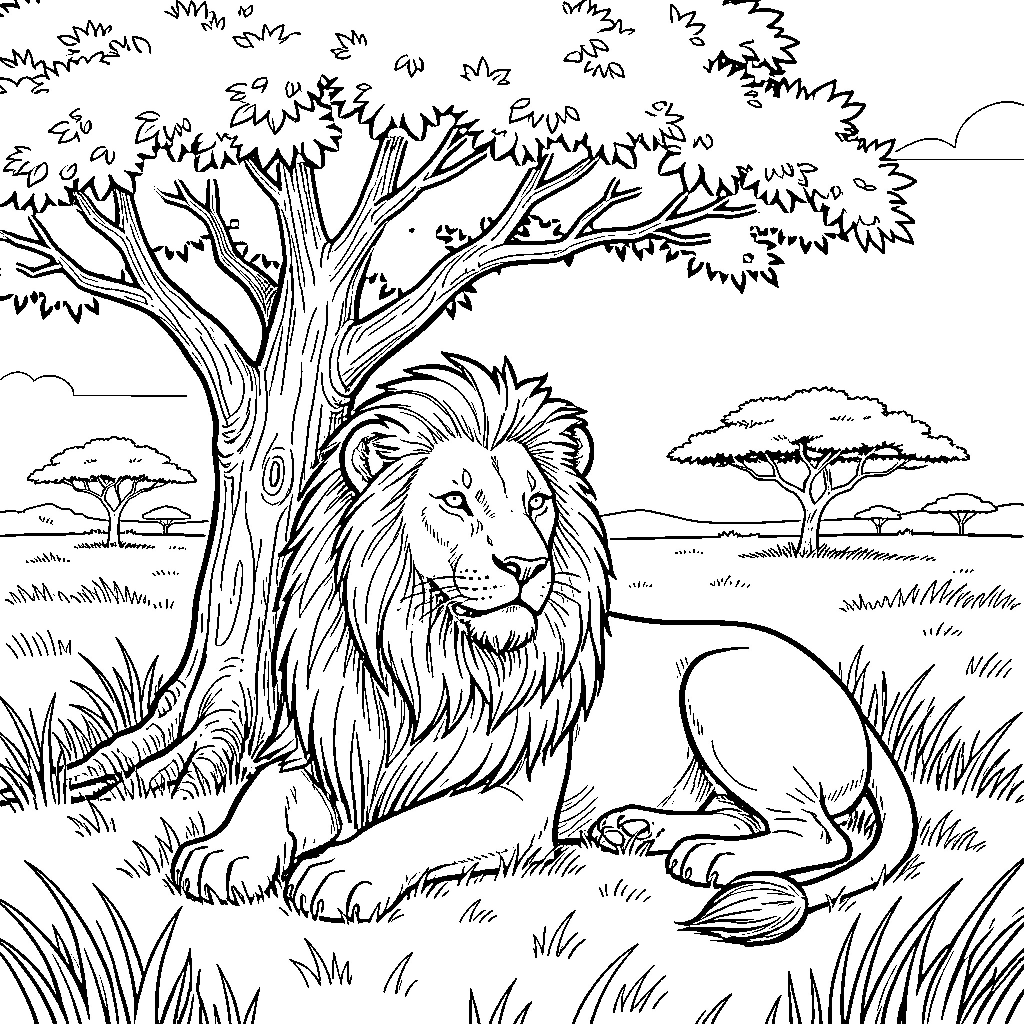 Lion resting in the serene savanna landscape Coloring Page (free black-and-white line drawing printable PDF for all, from beginners to advanced learners, including children, teens, adults, and seniors)