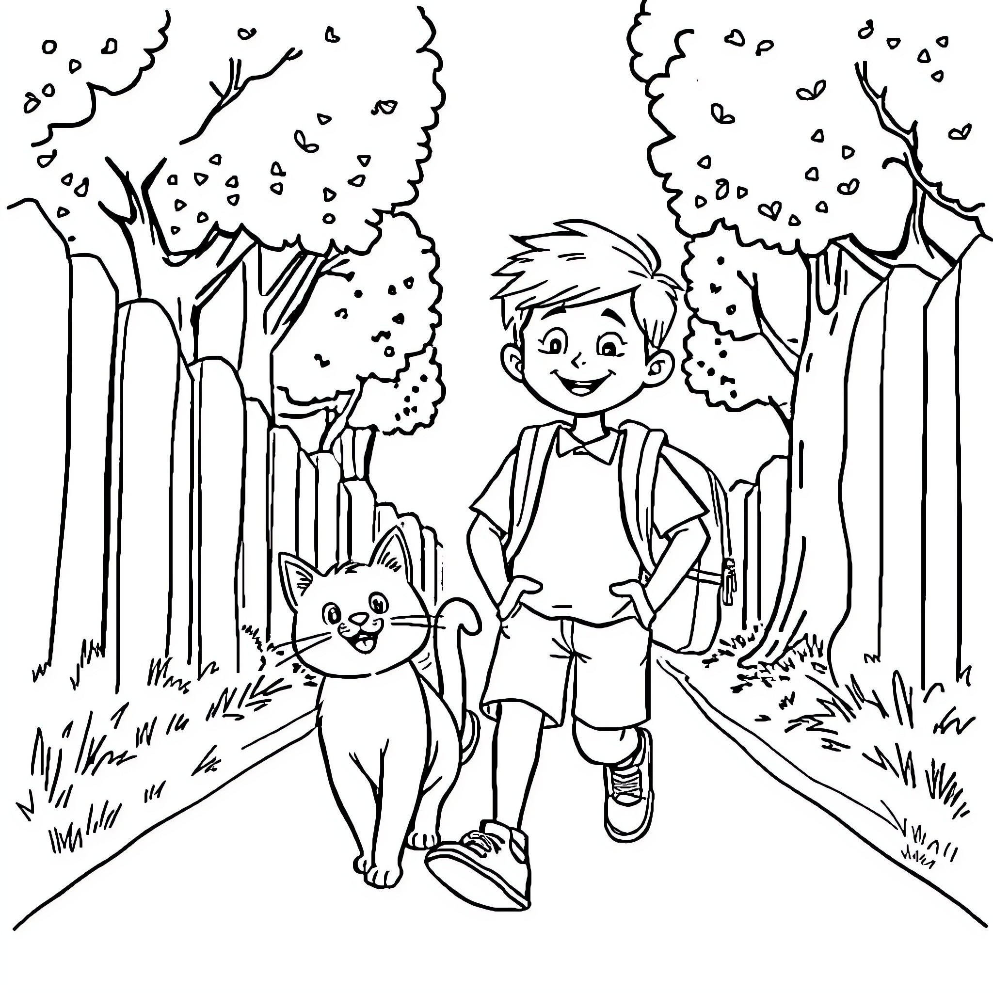 Boy and his pet cat exploring the forest Coloring Page (free black-and-white line drawing printable PDF for all, from beginners to advanced learners, including children, teens, adults, and seniors)