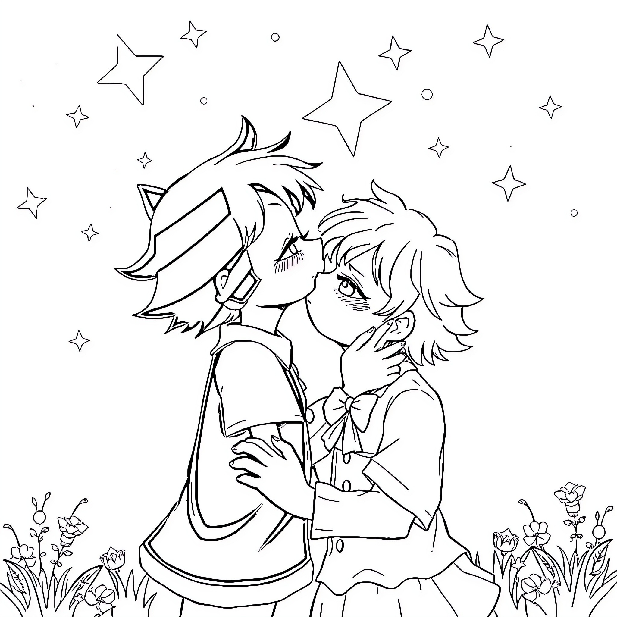 Toga-clad figures in a whimsical starry scene Coloring Page (free black-and-white line drawing printable PDF for all, from beginners to advanced learners, including children, teens, adults, and seniors)