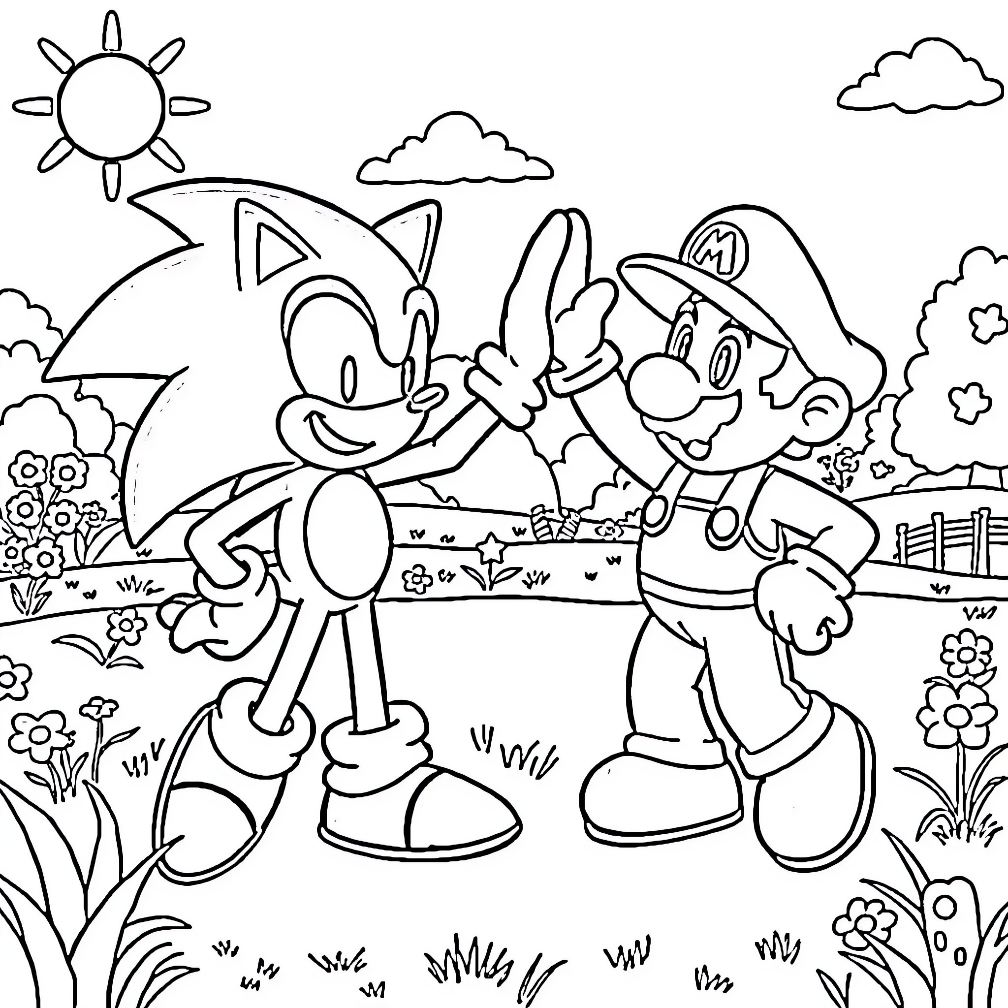Sonic and Mario's Outdoor Adventure Coloring Page (free black-and-white line drawing printable PDF for all, from beginners to advanced learners, including children, teens, adults, and seniors)