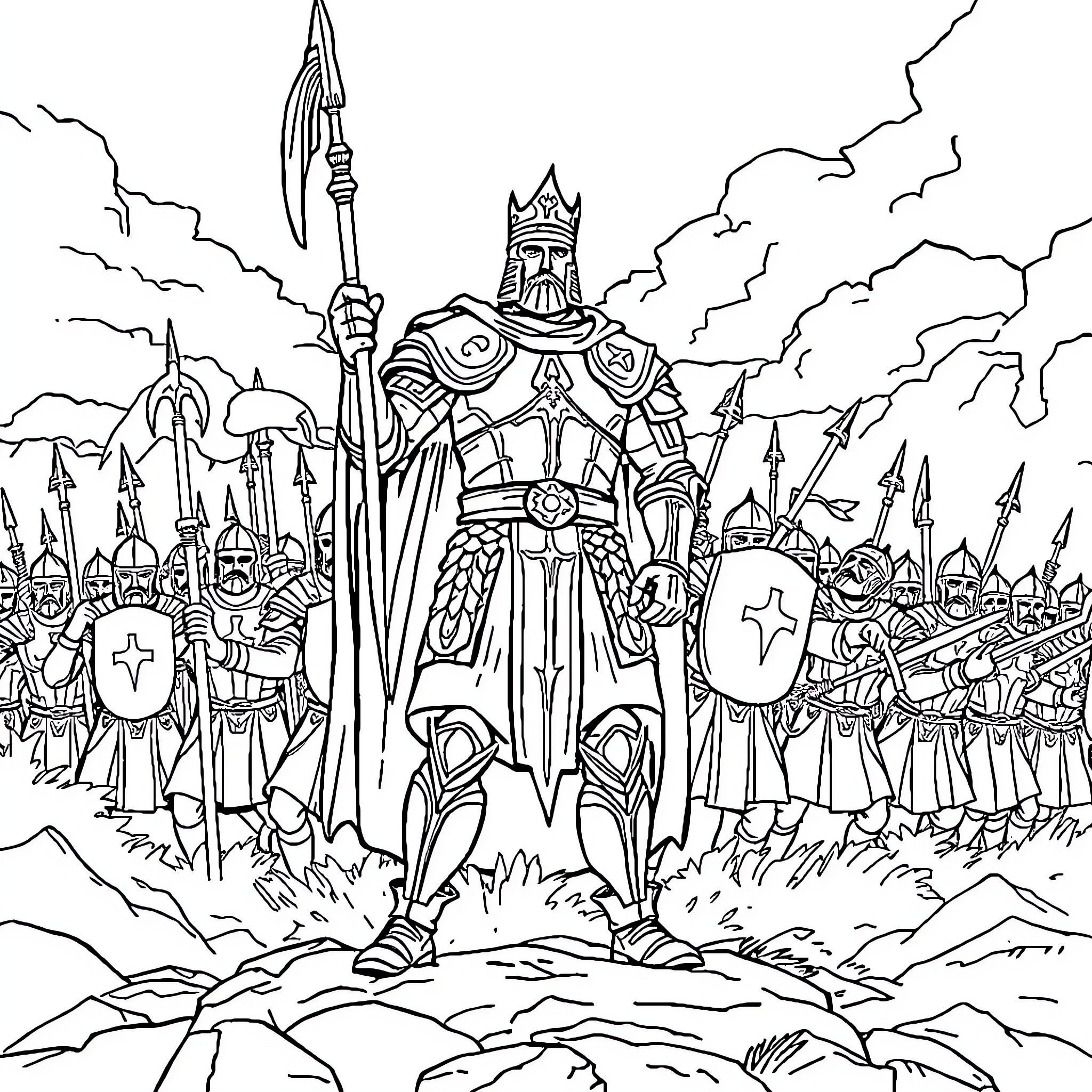 King Leads Mighty Warrior Army into Battle Coloring Page (free black-and-white line drawing printable PDF for all, from beginners to advanced learners, including children, teens, adults, and seniors)