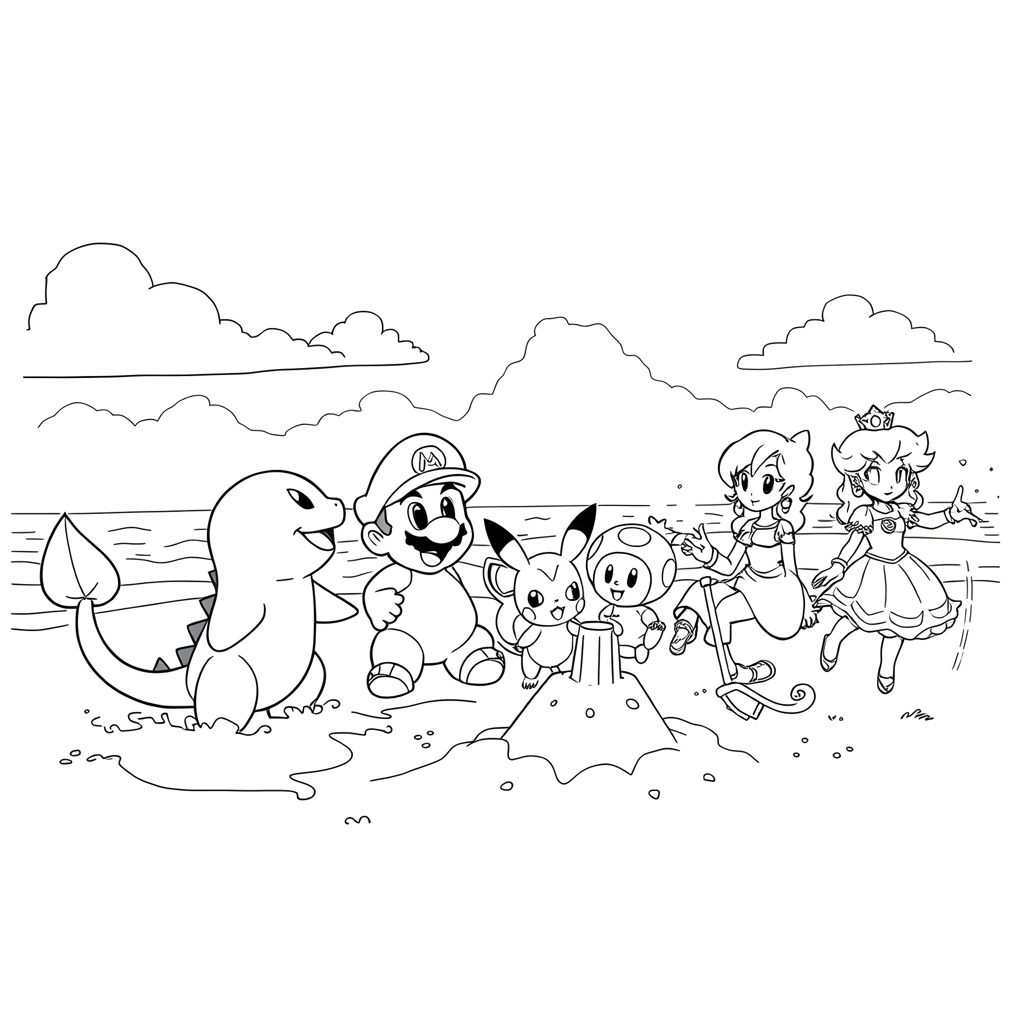 Charmander's Fun Adventure with Friends Coloring Page (free black-and-white line drawing printable PDF for all, from beginners to advanced learners, including children, teens, adults, and seniors)