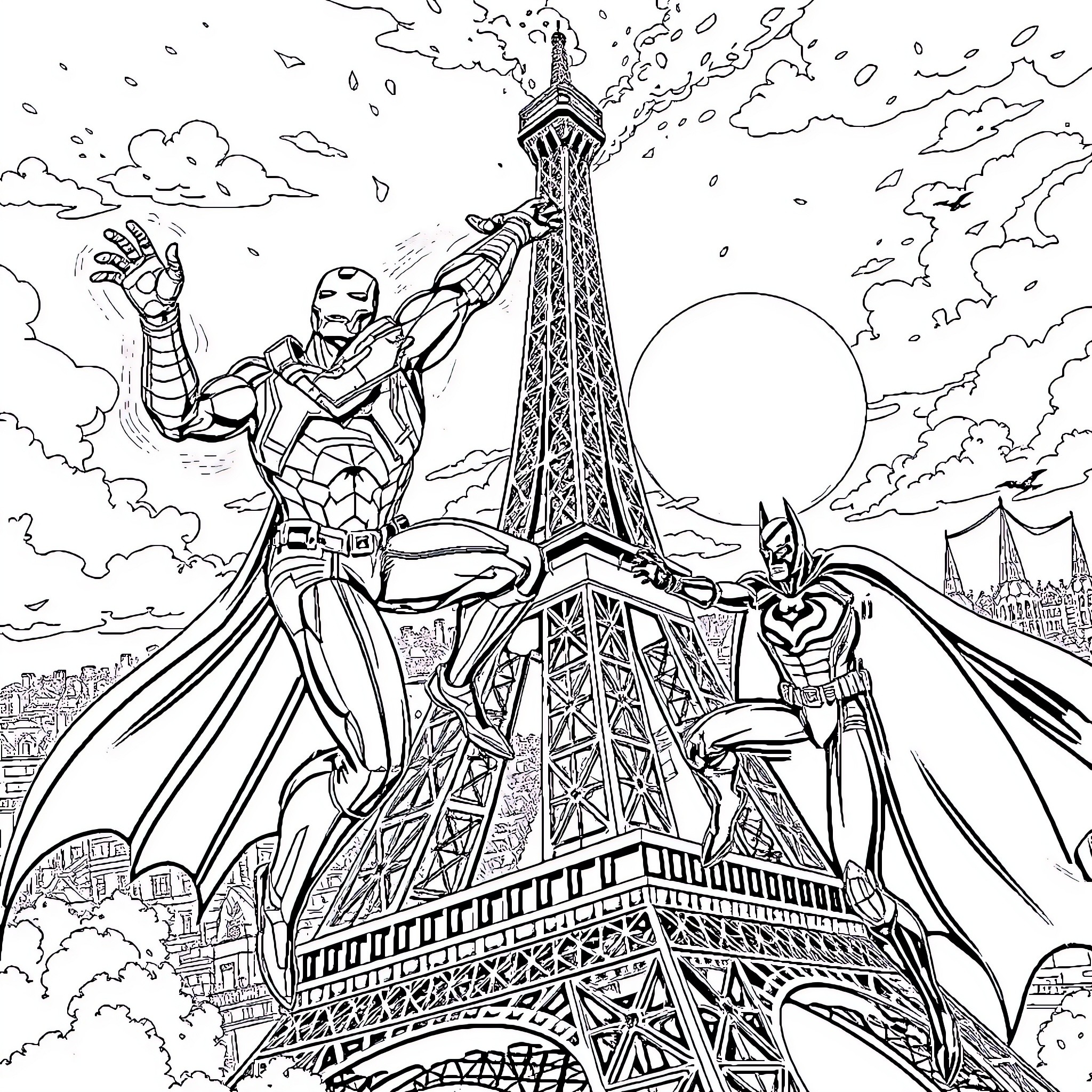 Ironman heroically flies over the Eiffel Tower Coloring Page (free black-and-white line drawing printable PDF for all, from beginners to advanced learners, including children, teens, adults, and seniors)