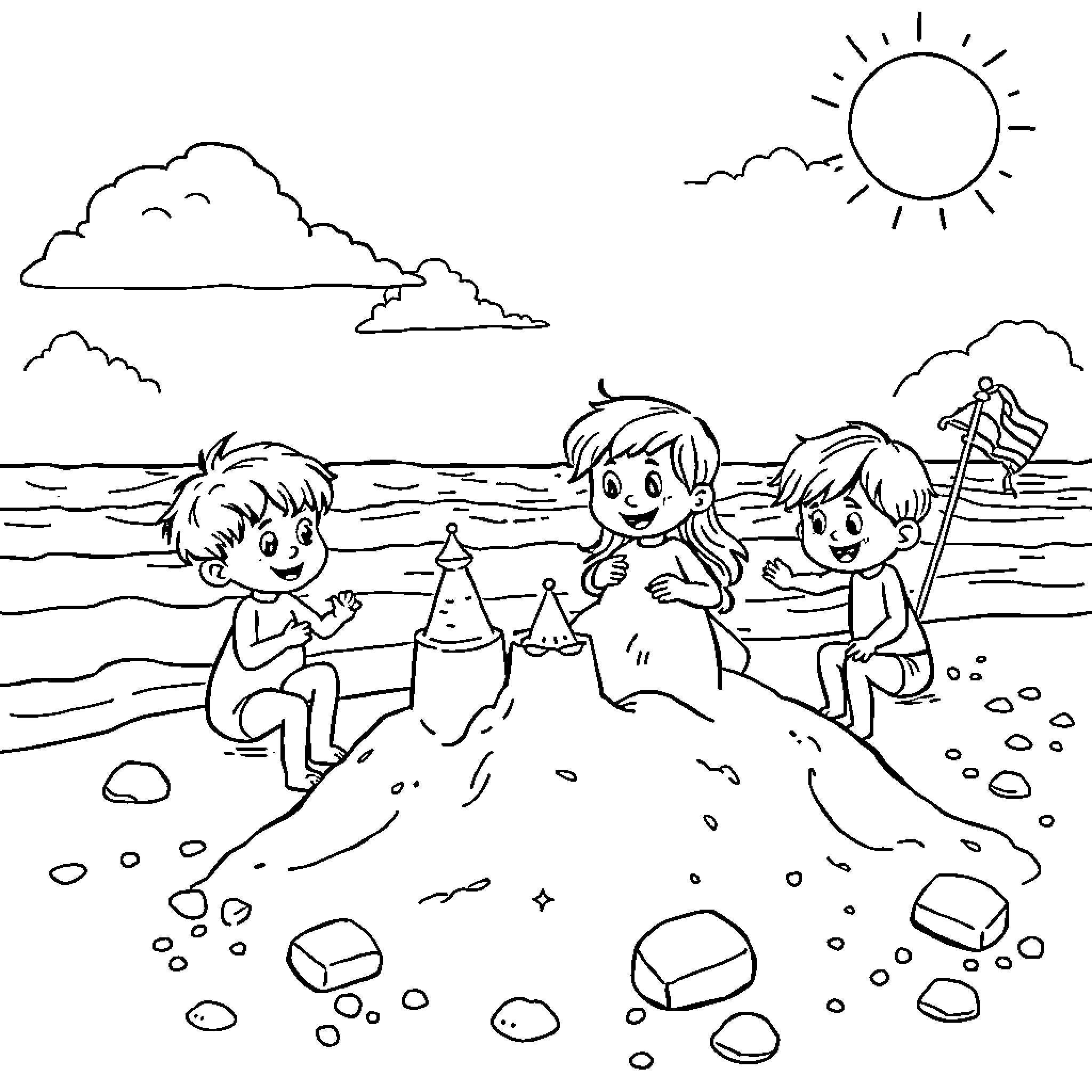 Alphabet Kids Playing on the Beach Coloring Page (free black-and-white line drawing printable PDF for all, from beginners to advanced learners, including children, teens, adults, and seniors)