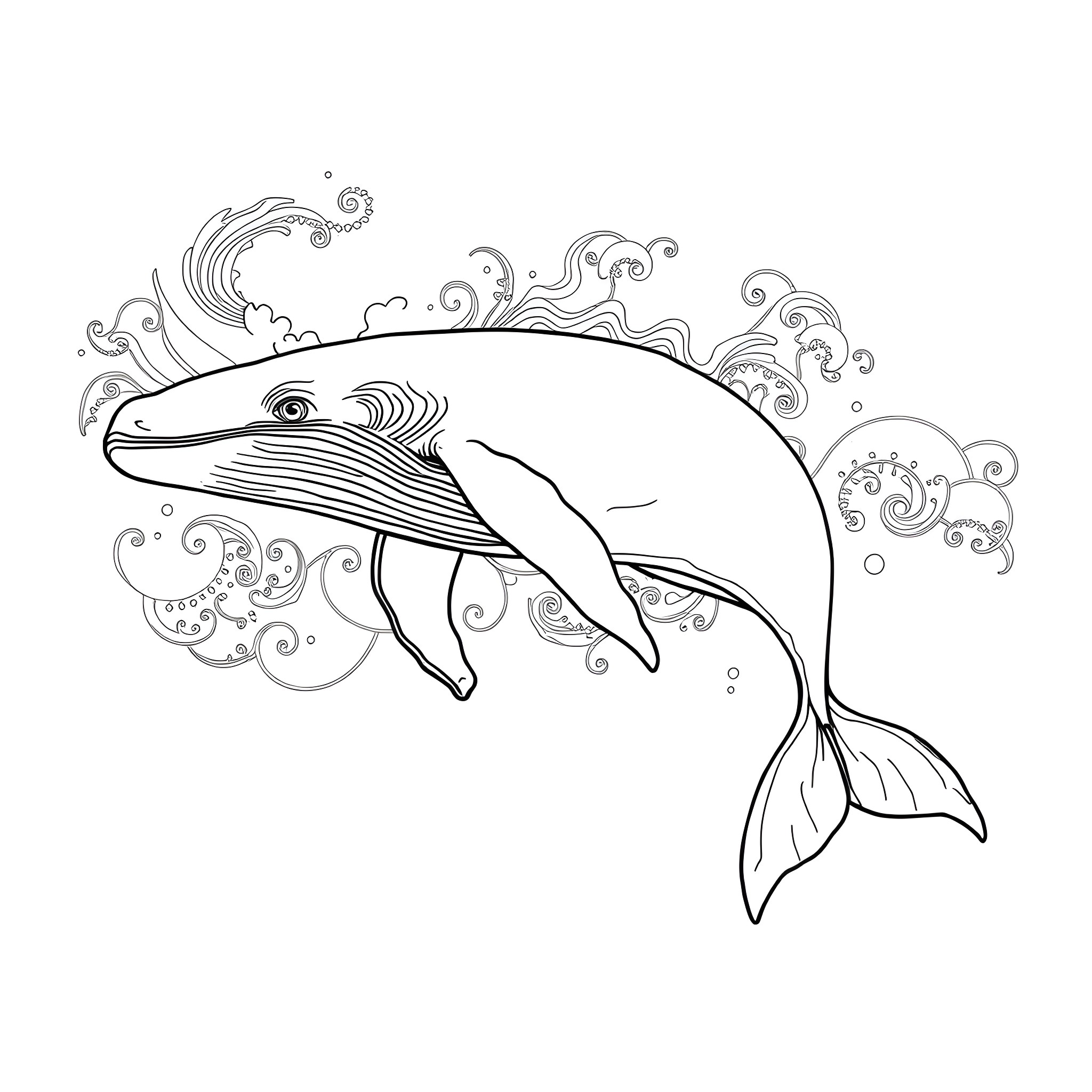 Whale swimming amidst vibrant oceanic waves Coloring Page (free black-and-white line drawing printable PDF for all, from beginners to advanced learners, including children, teens, adults, and seniors)