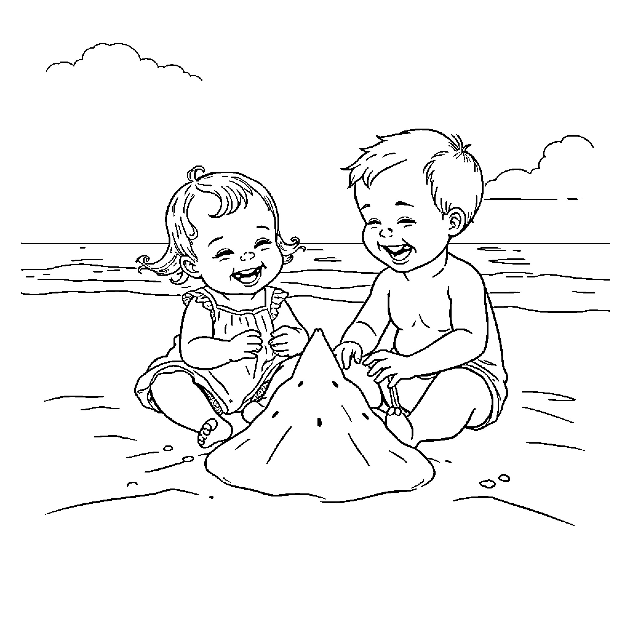 Baby playing happily in the sand Coloring Page (free black-and-white line drawing printable PDF for all, from beginners to advanced learners, including children, teens, adults, and seniors)
