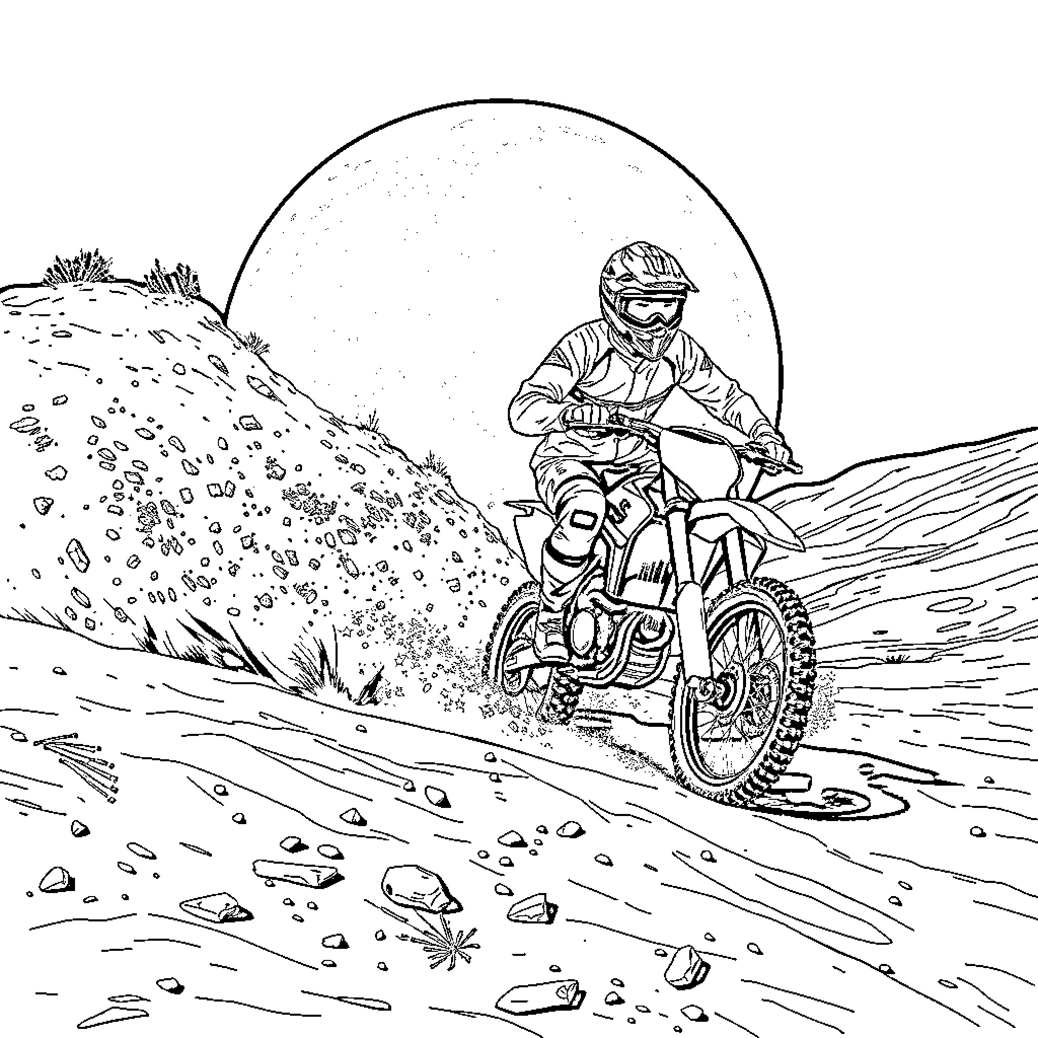 Dirtbike rider navigating rocky terrain Coloring Page (free black-and-white line drawing printable PDF for all, from beginners to advanced learners, including children, teens, adults, and seniors)