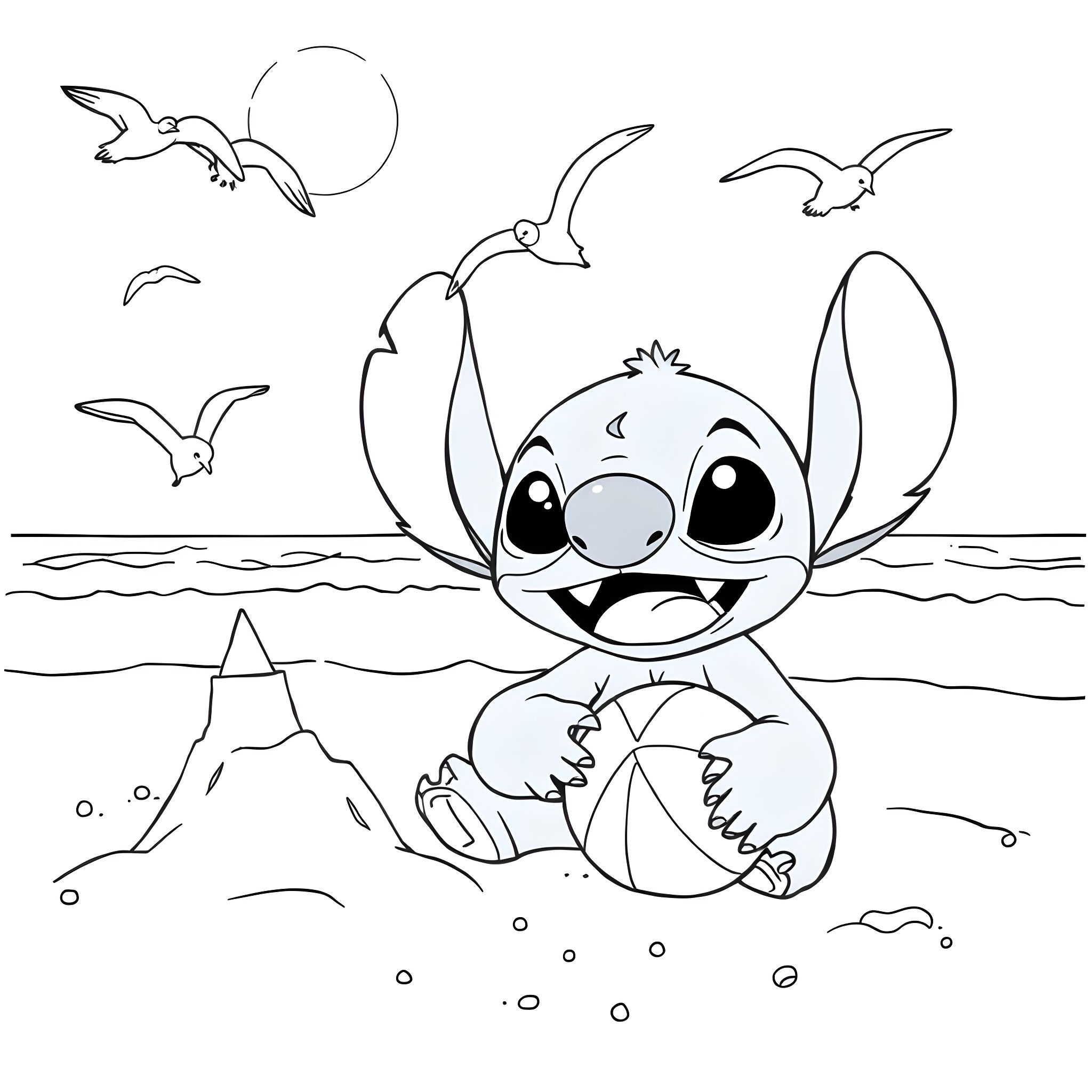 Stitch playing happily on the beach Coloring Page (free black-and-white line drawing printable PDF for all, from beginners to advanced learners, including children, teens, adults, and seniors)