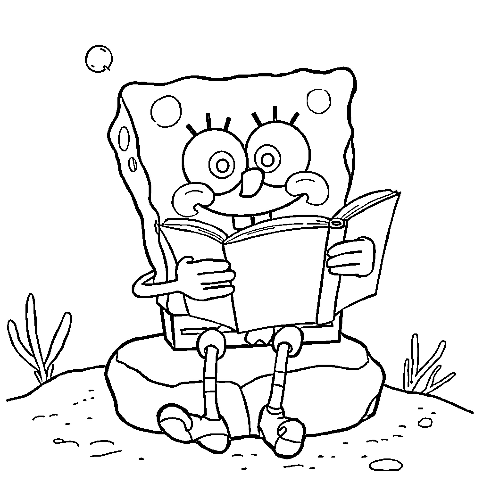 Spongebob reading a book happily Coloring Page (free black-and-white line drawing printable PDF for all, from beginners to advanced learners, including children, teens, adults, and seniors)