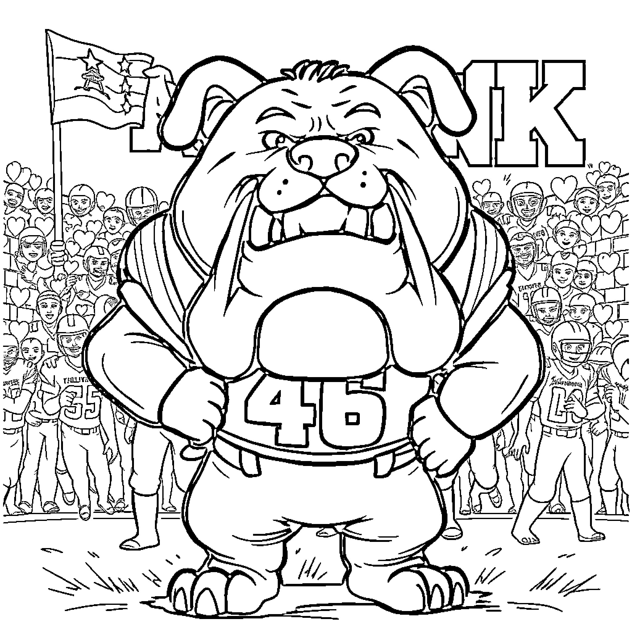 Bulldog mascot cheering for team 456 on the field Coloring Page (free black-and-white line drawing printable PDF for all, from beginners to advanced learners, including children, teens, adults, and seniors)
