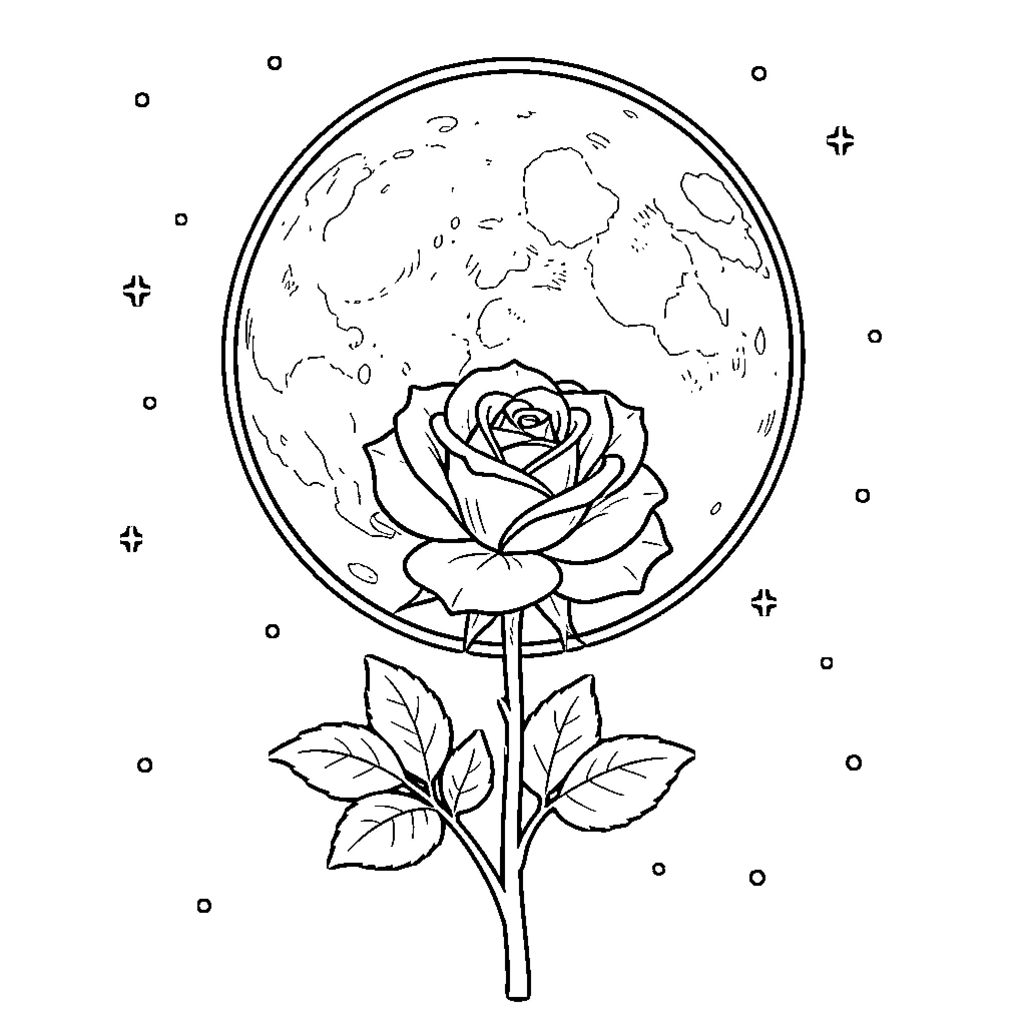 Moon Rose Blooming in the Night Sky Coloring Page (free black-and-white line drawing printable PDF for all, from beginners to advanced learners, including children, teens, adults, and seniors)