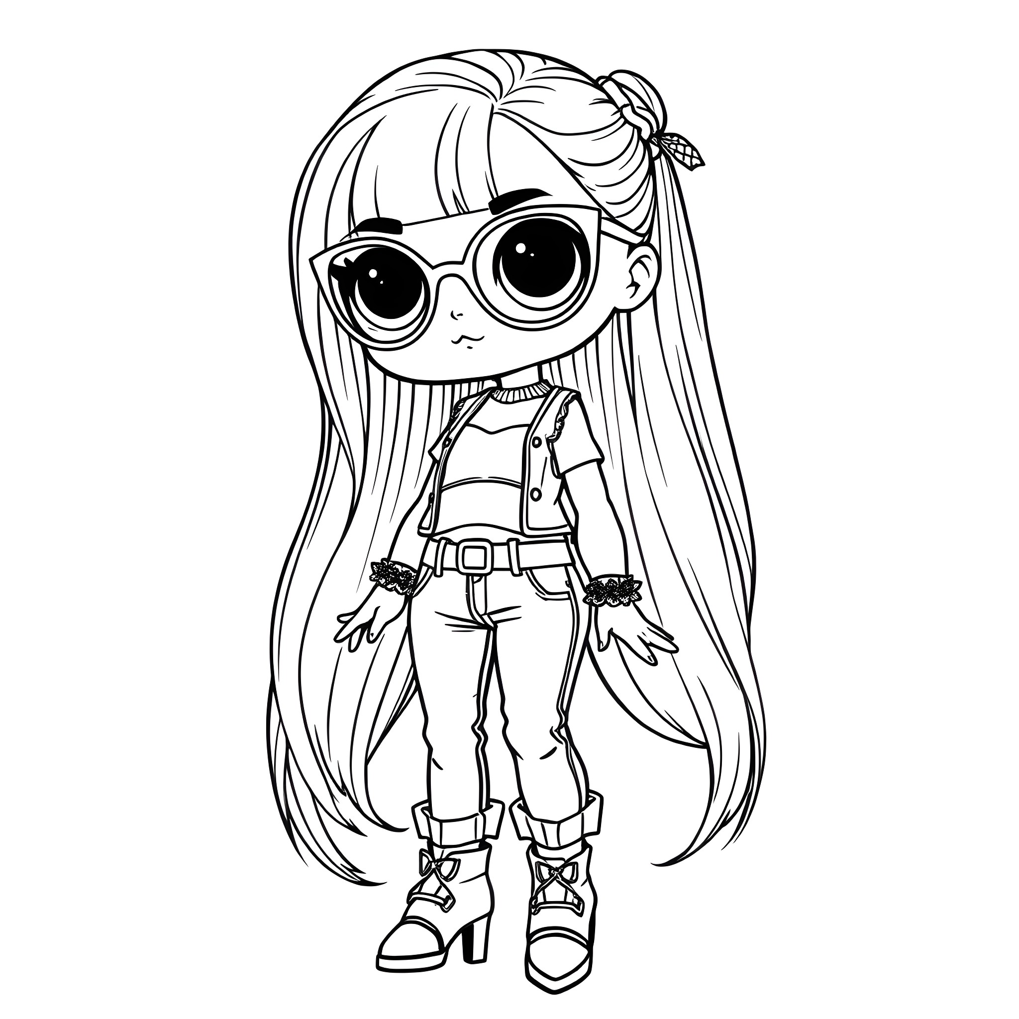 Lol Doll in Fashionable Outfit with Big Glasses Coloring Page (free black-and-white line drawing printable PDF for all, from beginners to advanced learners, including children, teens, adults, and seniors)
