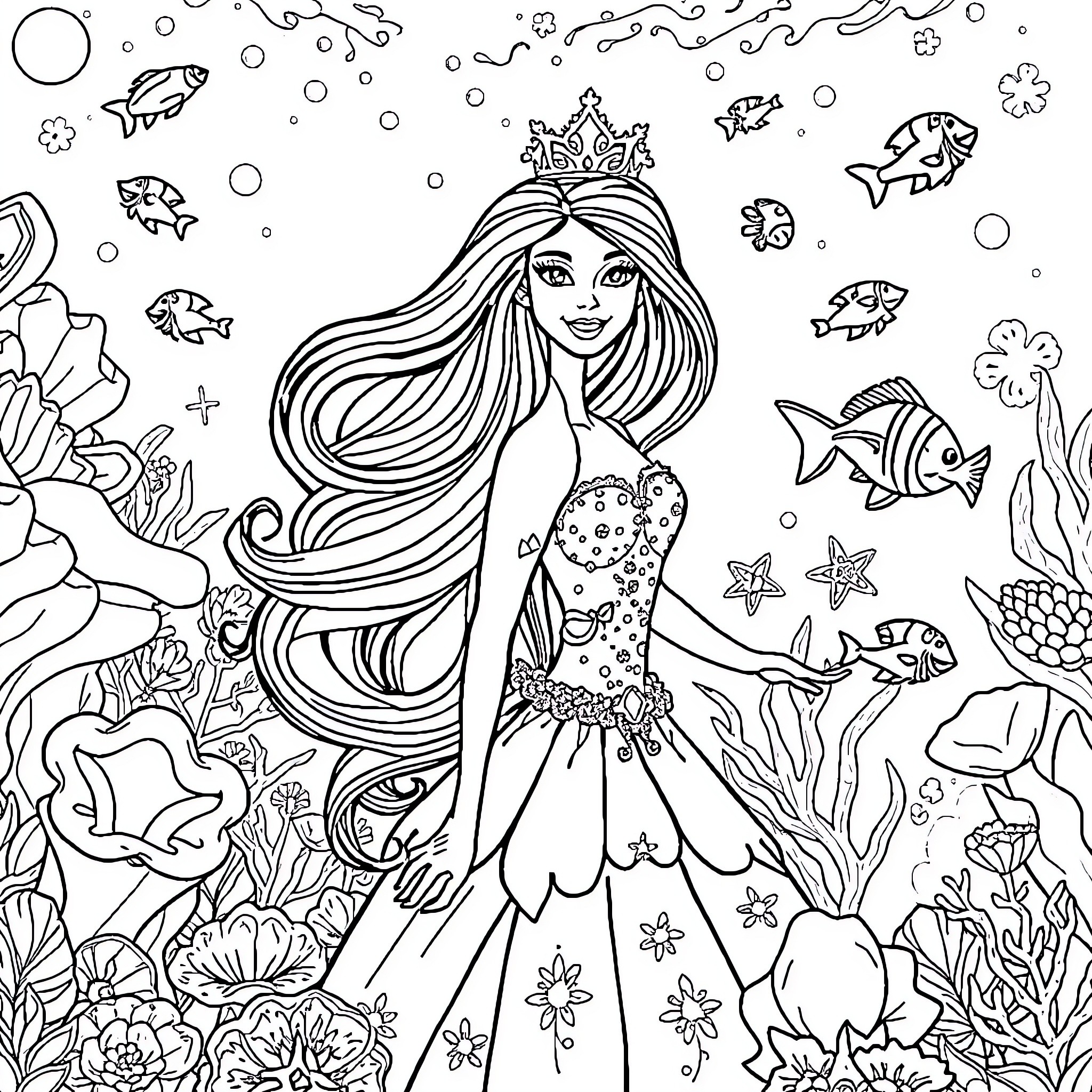 Barbie as a Mermaid Princess in Underwater Wonderland Coloring Page (free black-and-white line drawing printable PDF for all, from beginners to advanced learners, including children, teens, adults, and seniors)