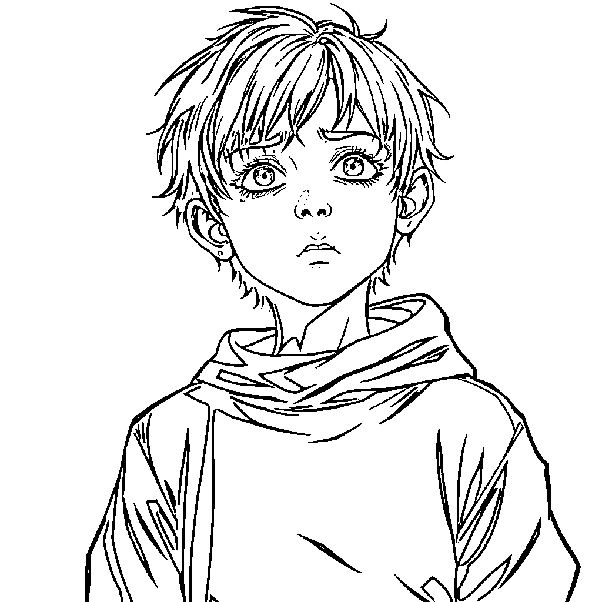 Emo Boy with Troubled Expression Coloring Page (free black-and-white line drawing printable PDF for all, from beginners to advanced learners, including children, teens, adults, and seniors)