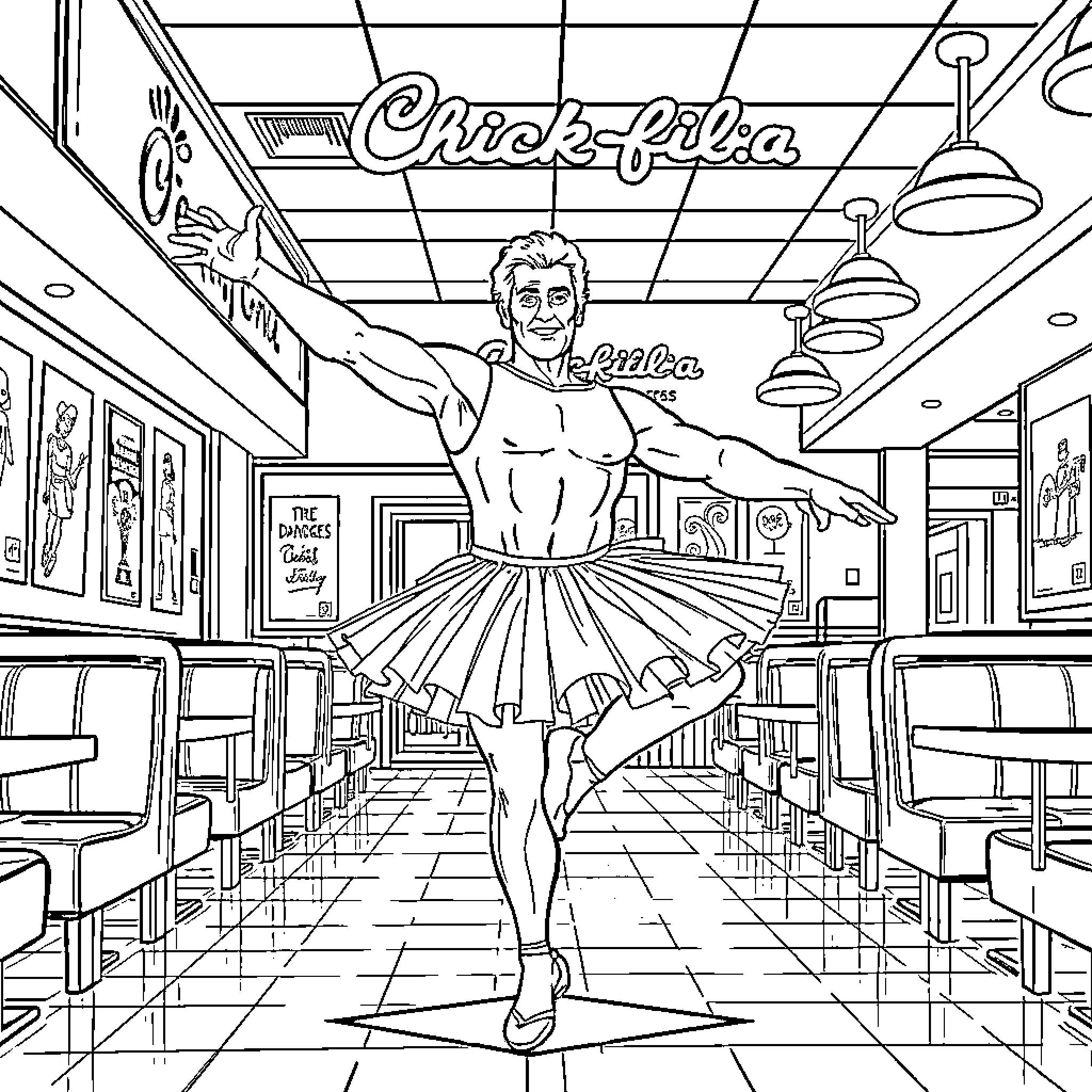 Sylvester Stallone Dancing in a Tutu at Chick-fil-a Coloring Page (free black-and-white line drawing printable PDF for all, from beginners to advanced learners, including children, teens, adults, and seniors)