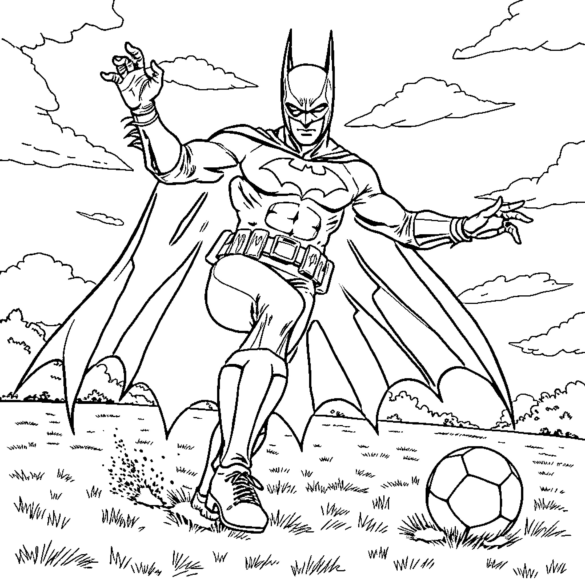 Batman in dramatic pose with soccer ball Coloring Page (free black-and-white line drawing printable PDF for all, from beginners to advanced learners, including children, teens, adults, and seniors)