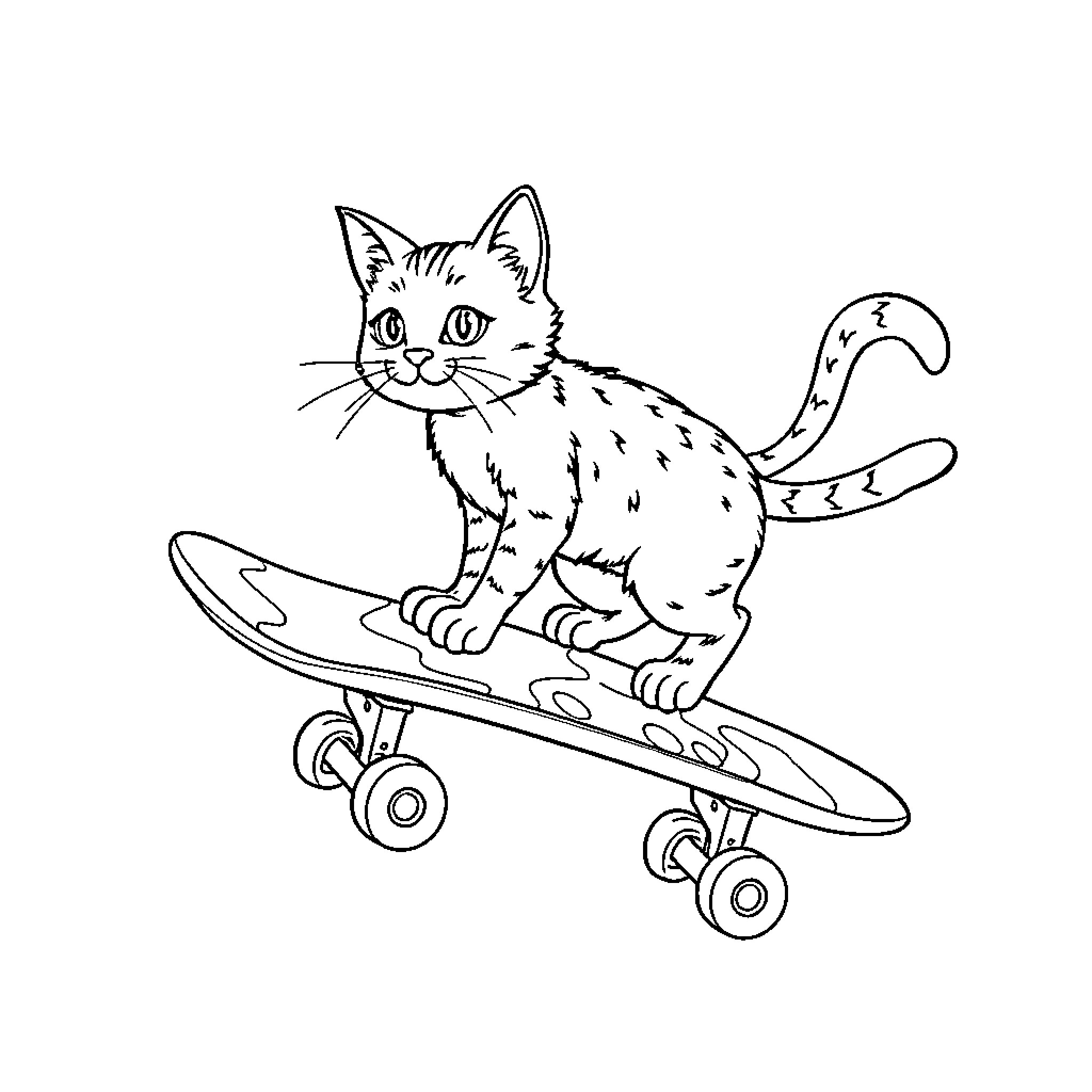 Cat riding skateboard playfully Coloring Page (free black-and-white line drawing printable PDF for all, from beginners to advanced learners, including children, teens, adults, and seniors)