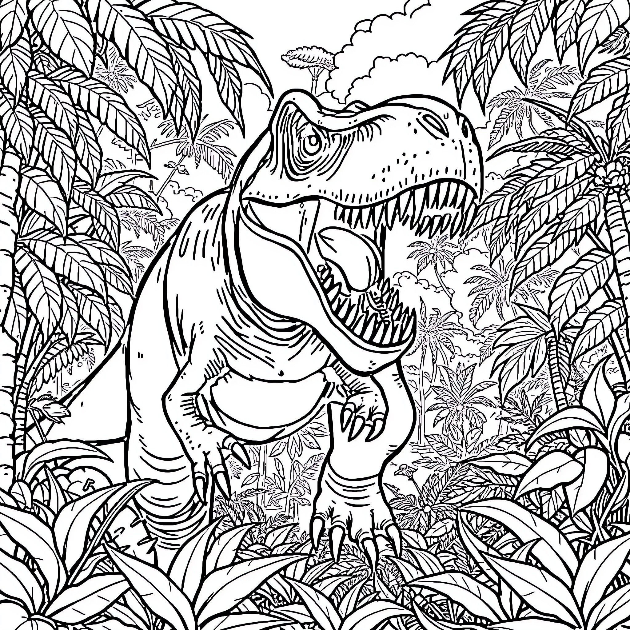 T-Rex roaring ferociously in the dense jungle Coloring Page (free black-and-white line drawing printable PDF for all, from beginners to advanced learners, including children, teens, adults, and seniors)