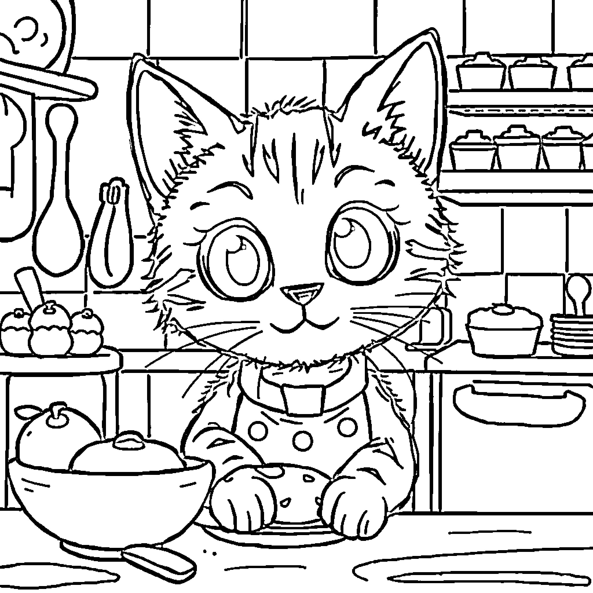 Cat in the kitchen exploring cooking tools Coloring Page (free black-and-white line drawing printable PDF for all, from beginners to advanced learners, including children, teens, adults, and seniors)