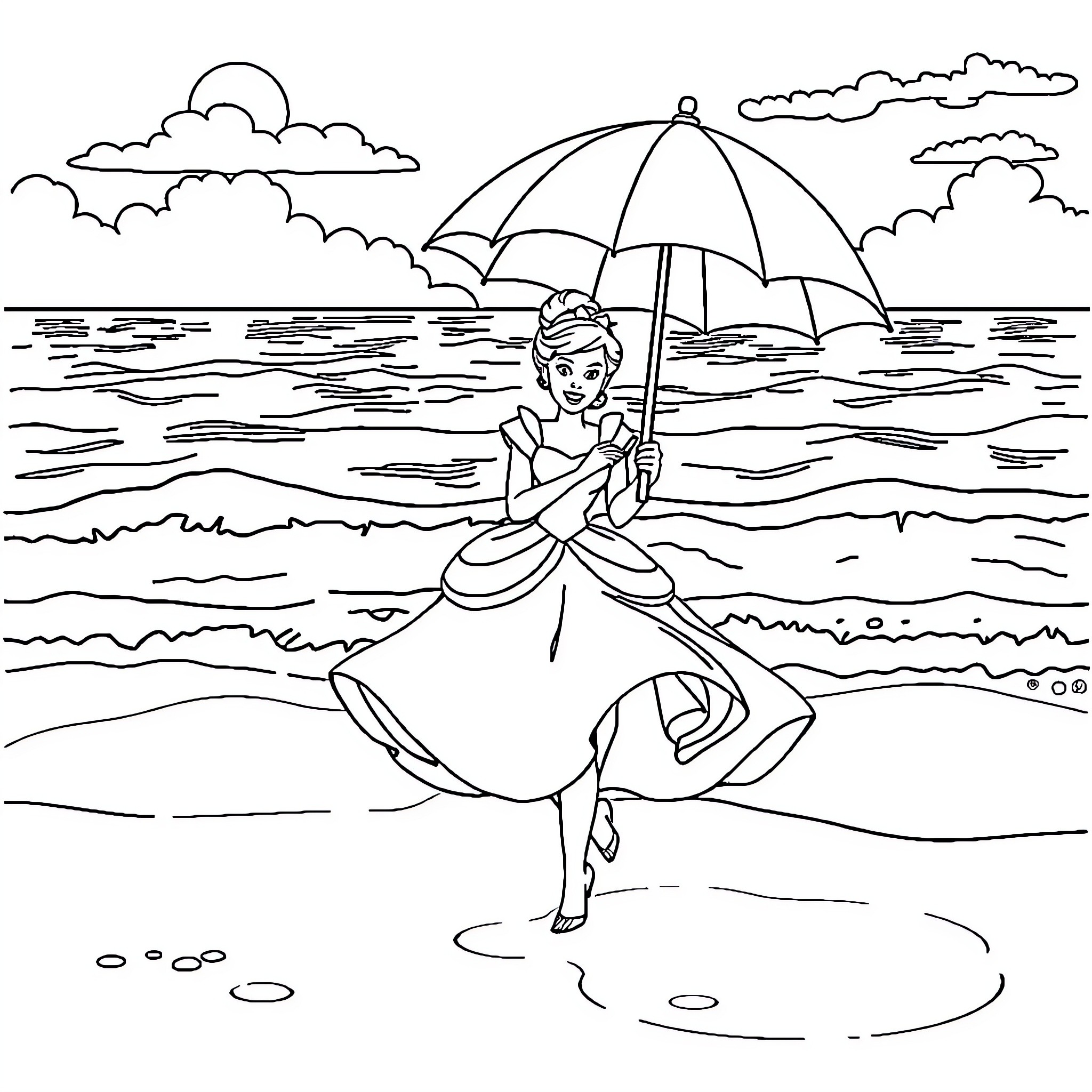 Cinderella strolling on the beach with umbrella Coloring Page (free black-and-white line drawing printable PDF for all, from beginners to advanced learners, including children, teens, adults, and seniors)