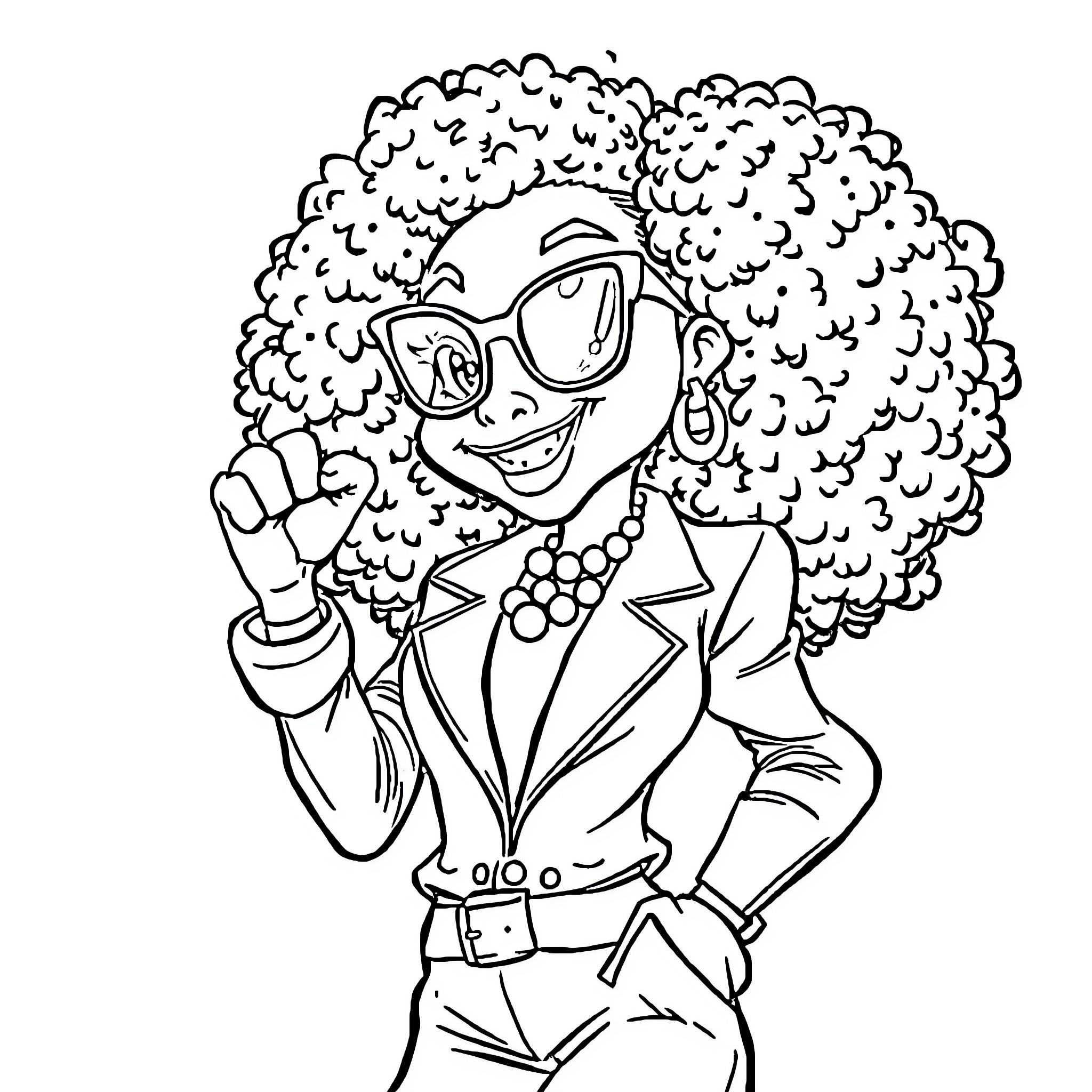 Labubu the Cool Curly-Haired Girl in Stylish Outfit Coloring Page (free black-and-white line drawing printable PDF for all, from beginners to advanced learners, including children, teens, adults, and seniors)