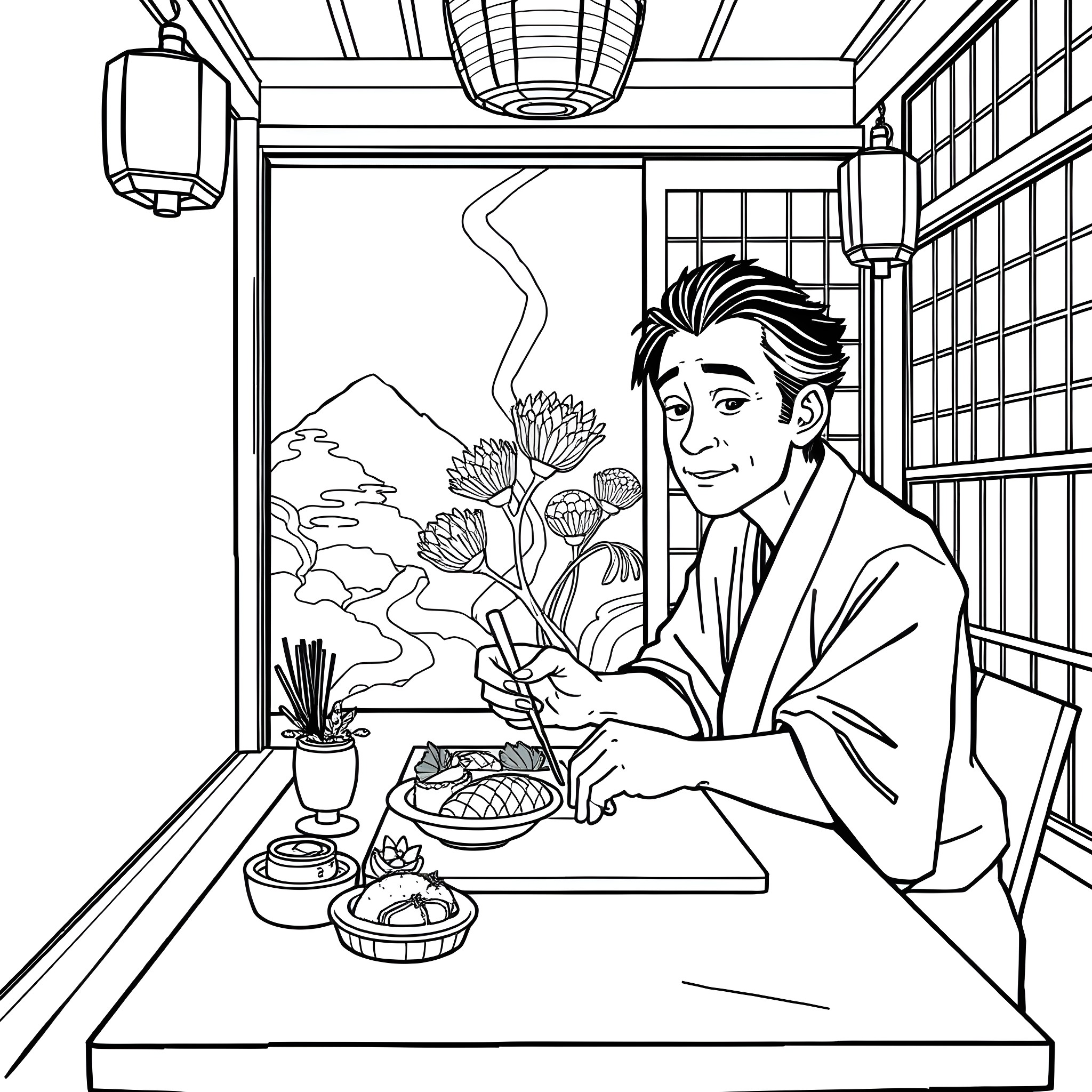 Tanjiro enjoying traditional Japanese meal in cozy setting Coloring Page (free black-and-white line drawing printable PDF for all, from beginners to advanced learners, including children, teens, adults, and seniors)