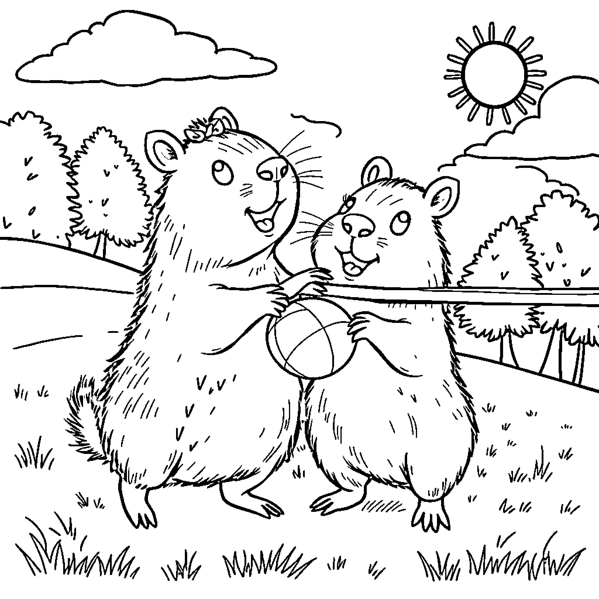 Capybara friends playing with ball in the sun Coloring Page (free black-and-white line drawing printable PDF for all, from beginners to advanced learners, including children, teens, adults, and seniors)
