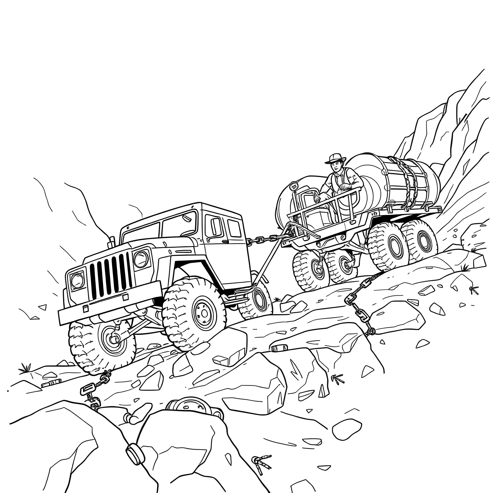 Haul of heavy-duty off-road vehicles in rugged terrain Coloring Page (free black-and-white line drawing printable PDF for all, from beginners to advanced learners, including children, teens, adults, and seniors)