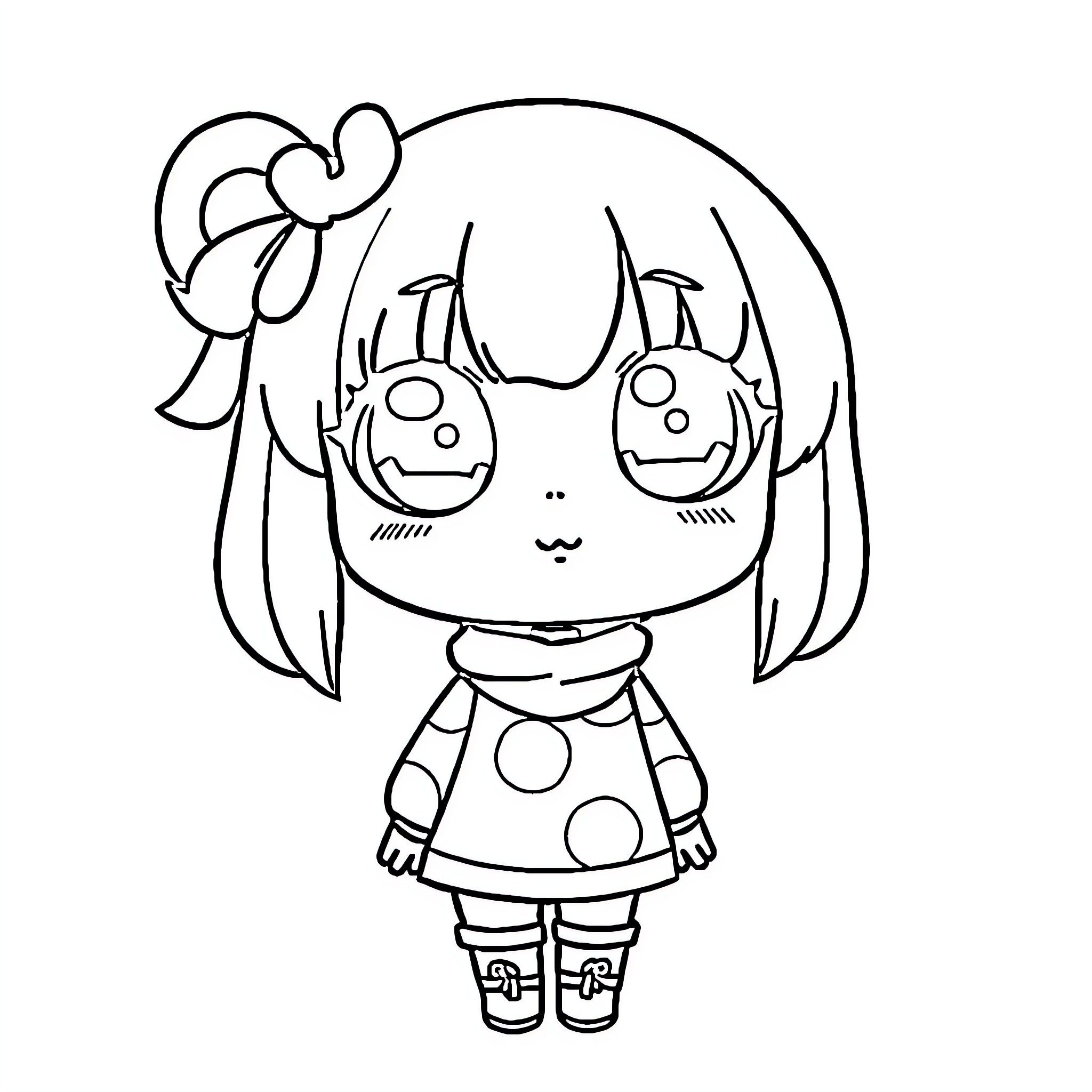 KORUMI Cheerful Girl with Big Eyes and Bow Coloring Page (free black-and-white line drawing printable PDF for all, from beginners to advanced learners, including children, teens, adults, and seniors)
