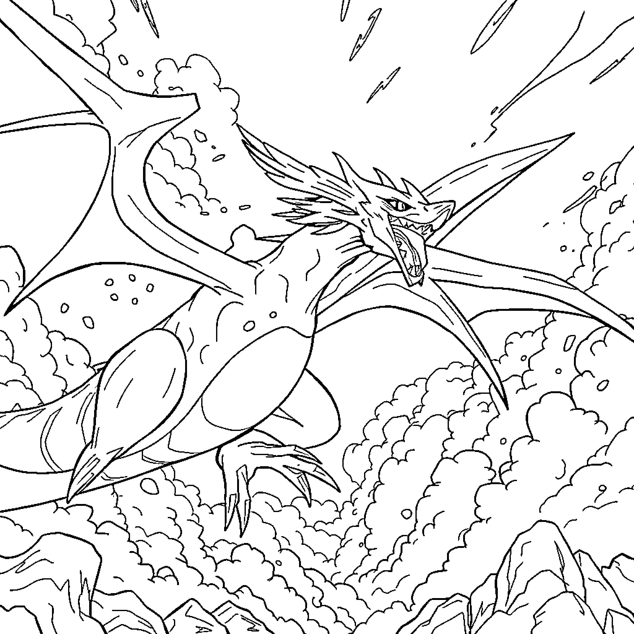 Rayquaza soaring aggressively through the swirling clouds Coloring Page (free black-and-white line drawing printable PDF for all, from beginners to advanced learners, including children, teens, adults, and seniors)