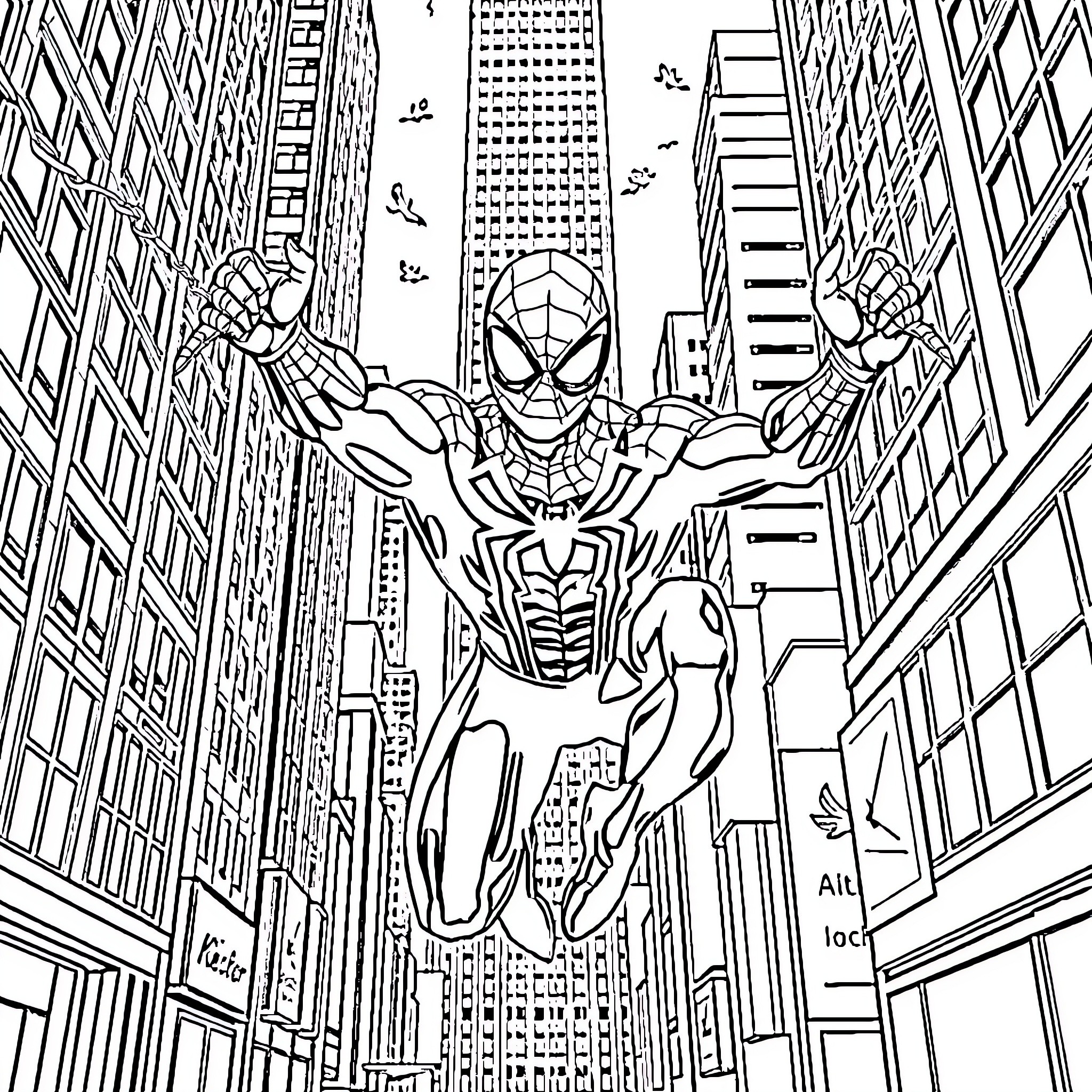Spiderman swinging through the city skyline Coloring Page (free black-and-white line drawing printable PDF for all, from beginners to advanced learners, including children, teens, adults, and seniors)
