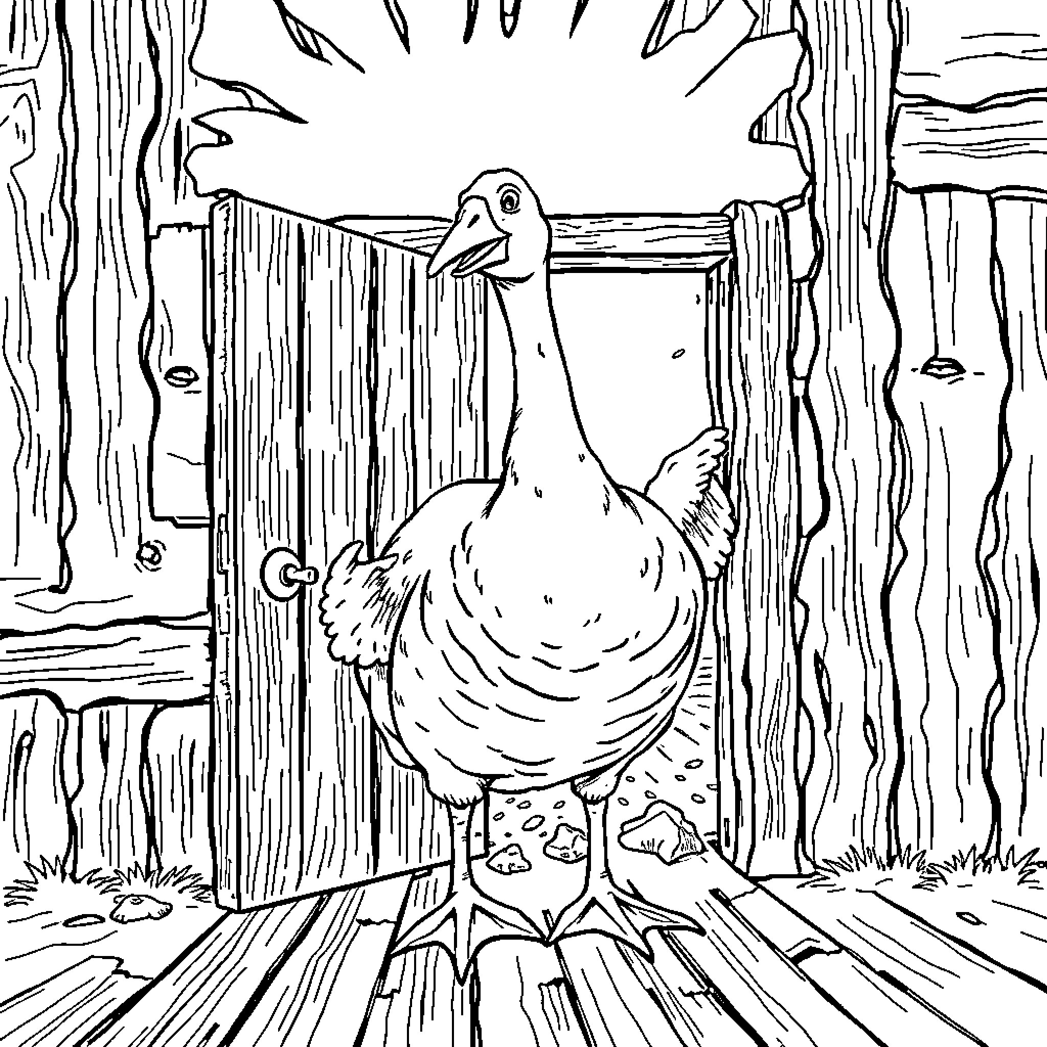 Goose standing on wooden planks in a rustic setting Coloring Page (free black-and-white line drawing printable PDF for all, from beginners to advanced learners, including children, teens, adults, and seniors)