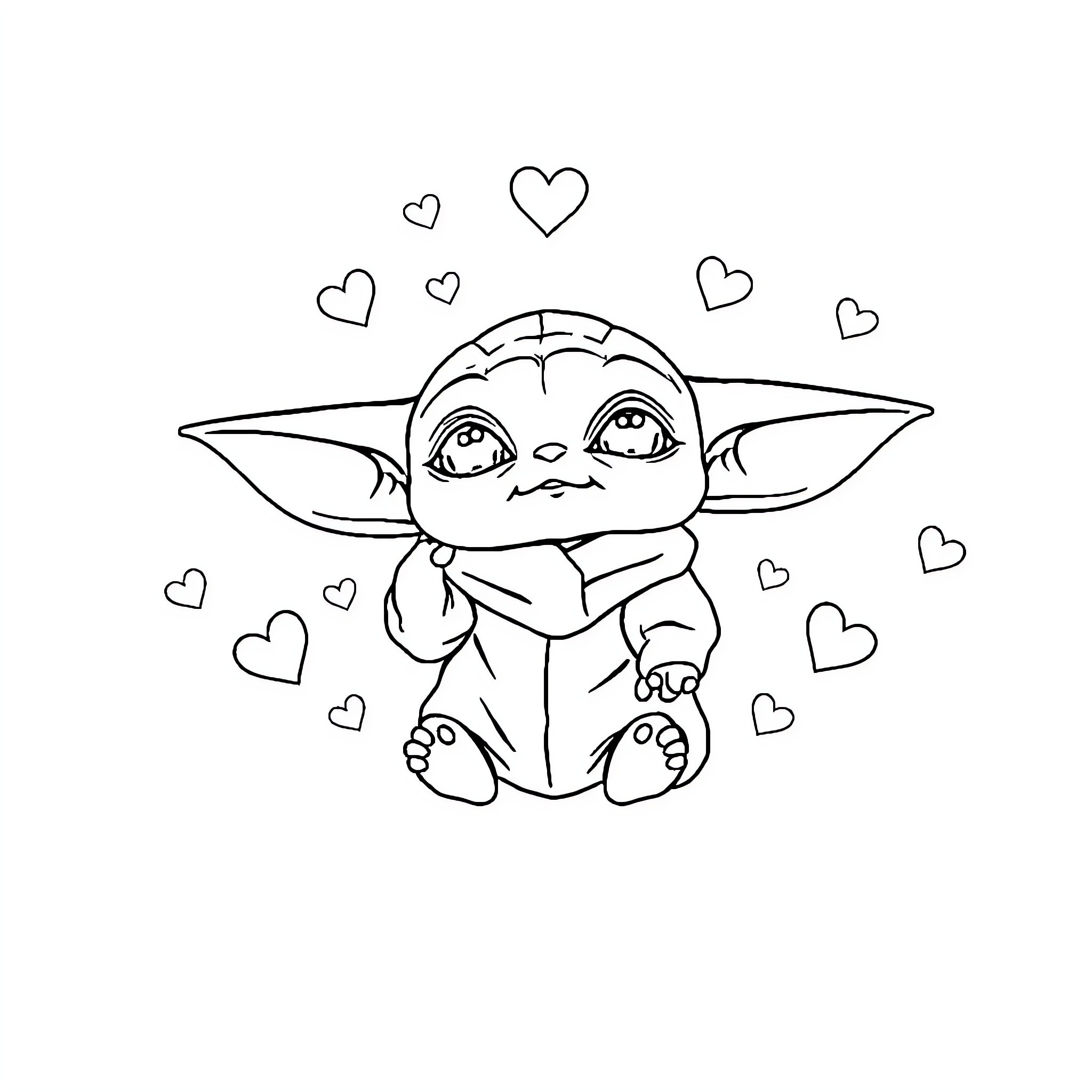 Baby Yoda surrounded by hearts Coloring Page (free black-and-white line drawing printable PDF for all, from beginners to advanced learners, including children, teens, adults, and seniors)