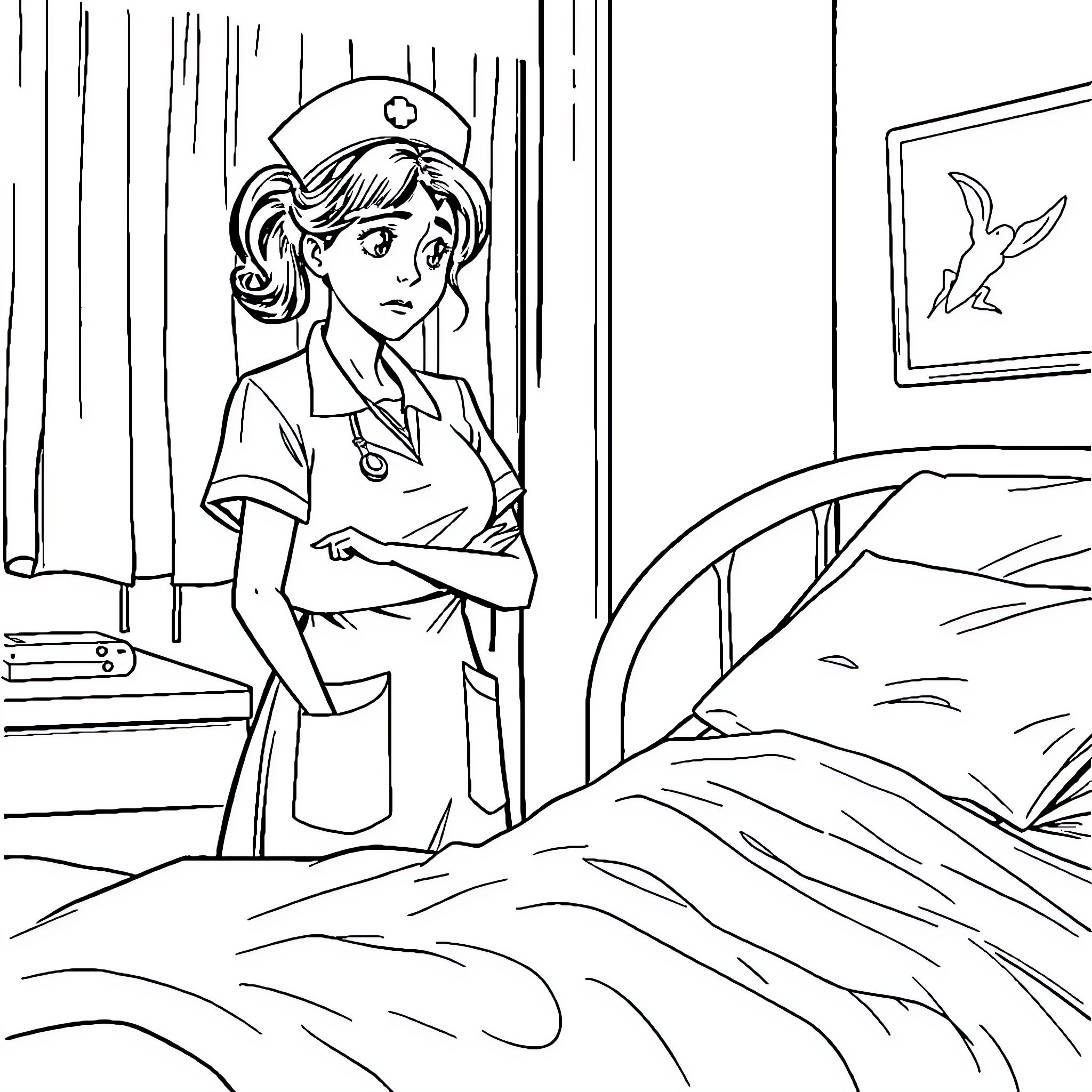 Nurse caring for patient in hospital room Coloring Page (free black-and-white line drawing printable PDF for all, from beginners to advanced learners, including children, teens, adults, and seniors)