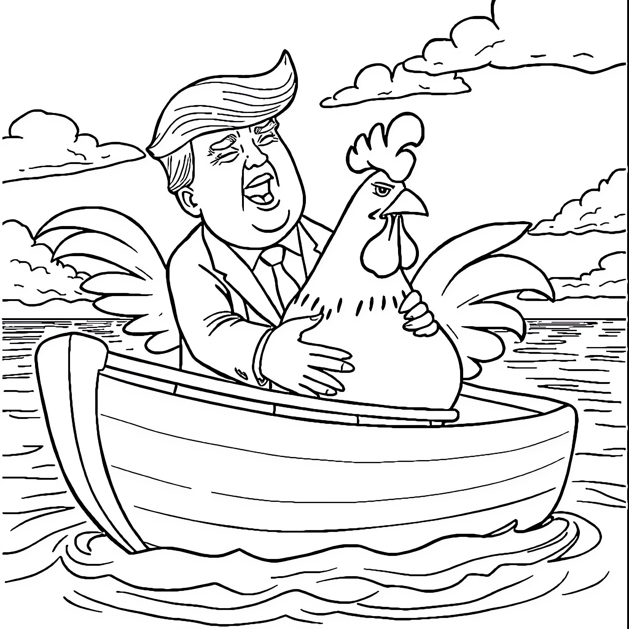 Donald Trump Cheerfully Riding a Rooster in a Boat Coloring Page (free black-and-white line drawing printable PDF for all, from beginners to advanced learners, including children, teens, adults, and seniors)