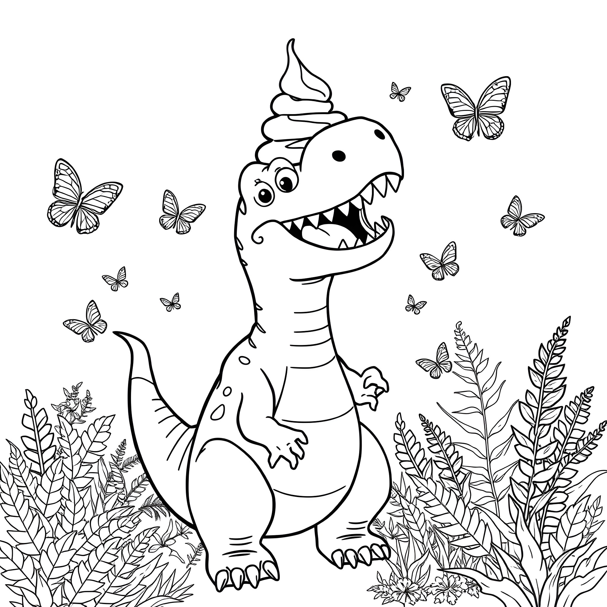 Dinosaur in a butterfly meadow Coloring Page (free black-and-white line drawing printable PDF for all, from beginners to advanced learners, including children, teens, adults, and seniors)
