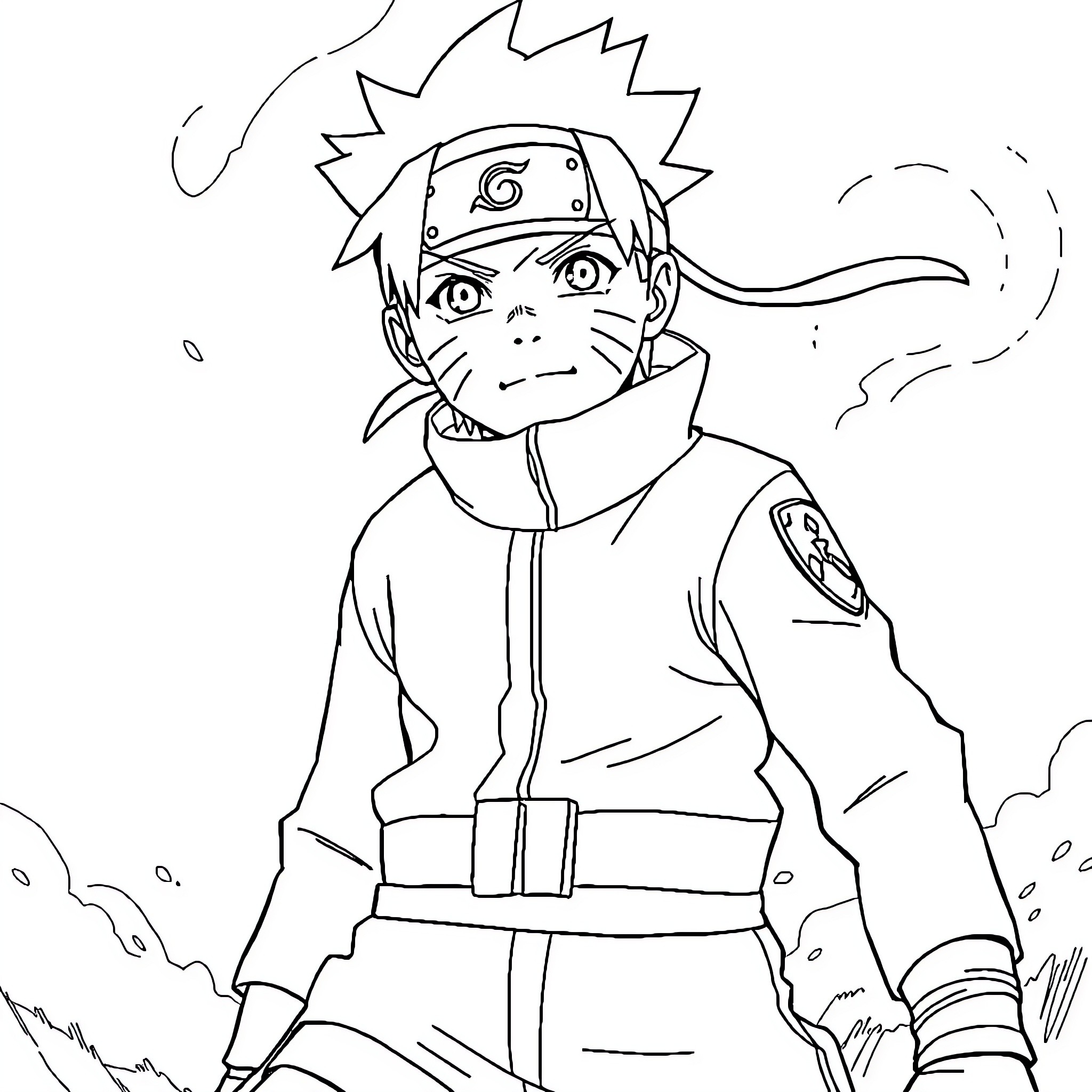 Naruto Ninja's Determined Expression and Outfit Coloring Page (free black-and-white line drawing printable PDF for all, from beginners to advanced learners, including children, teens, adults, and seniors)