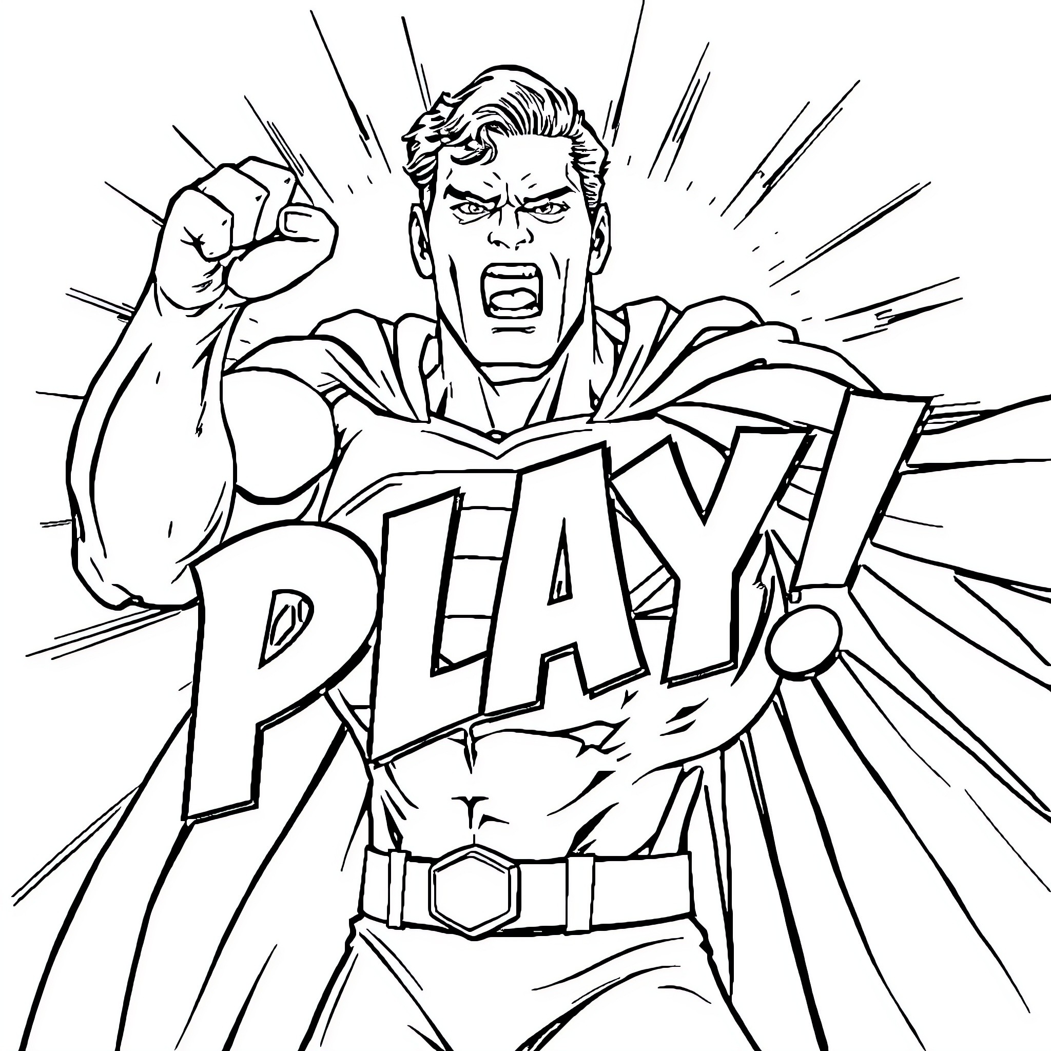 Superman's Heroic Pose and Battle Cry Coloring Page (free black-and-white line drawing printable PDF for all, from beginners to advanced learners, including children, teens, adults, and seniors)