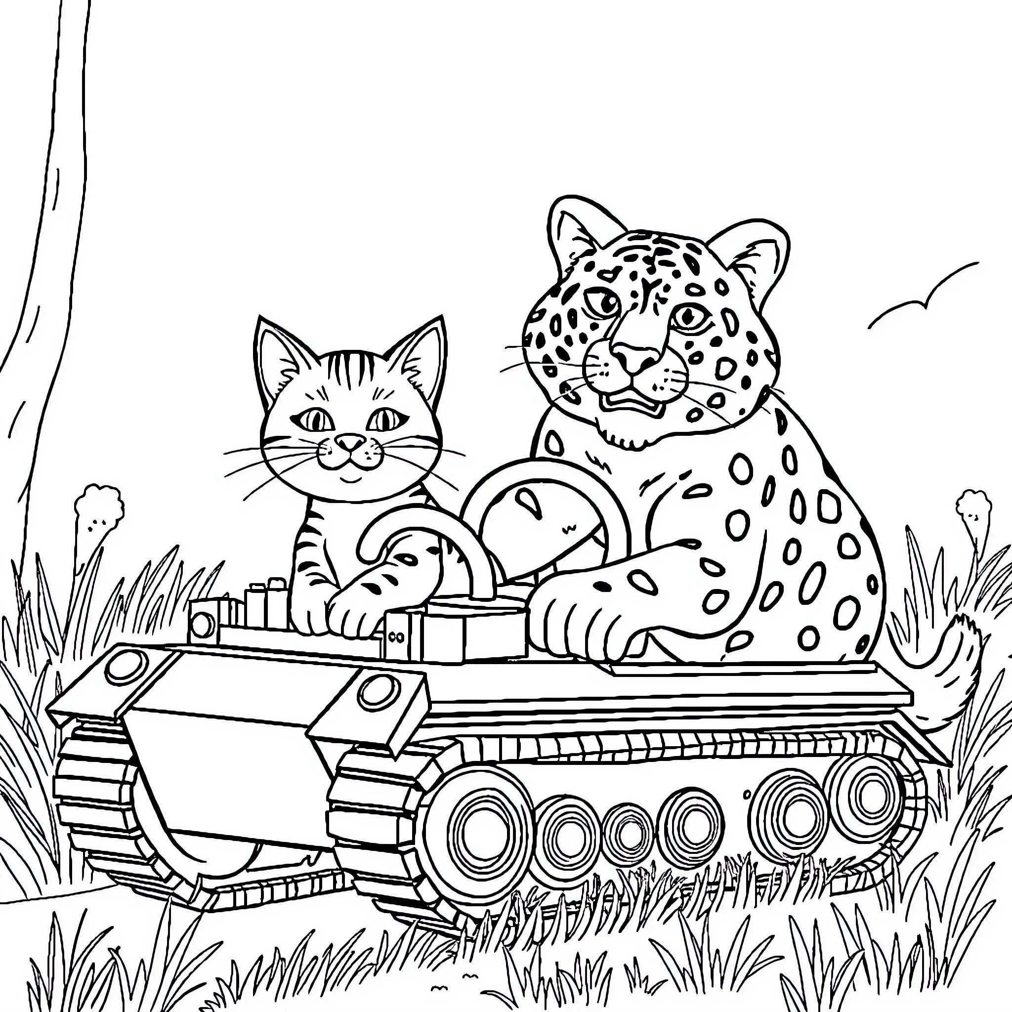 Katze and Jaguar on Military Tank Coloring Page (free black-and-white line drawing printable PDF for all, from beginners to advanced learners, including children, teens, adults, and seniors)