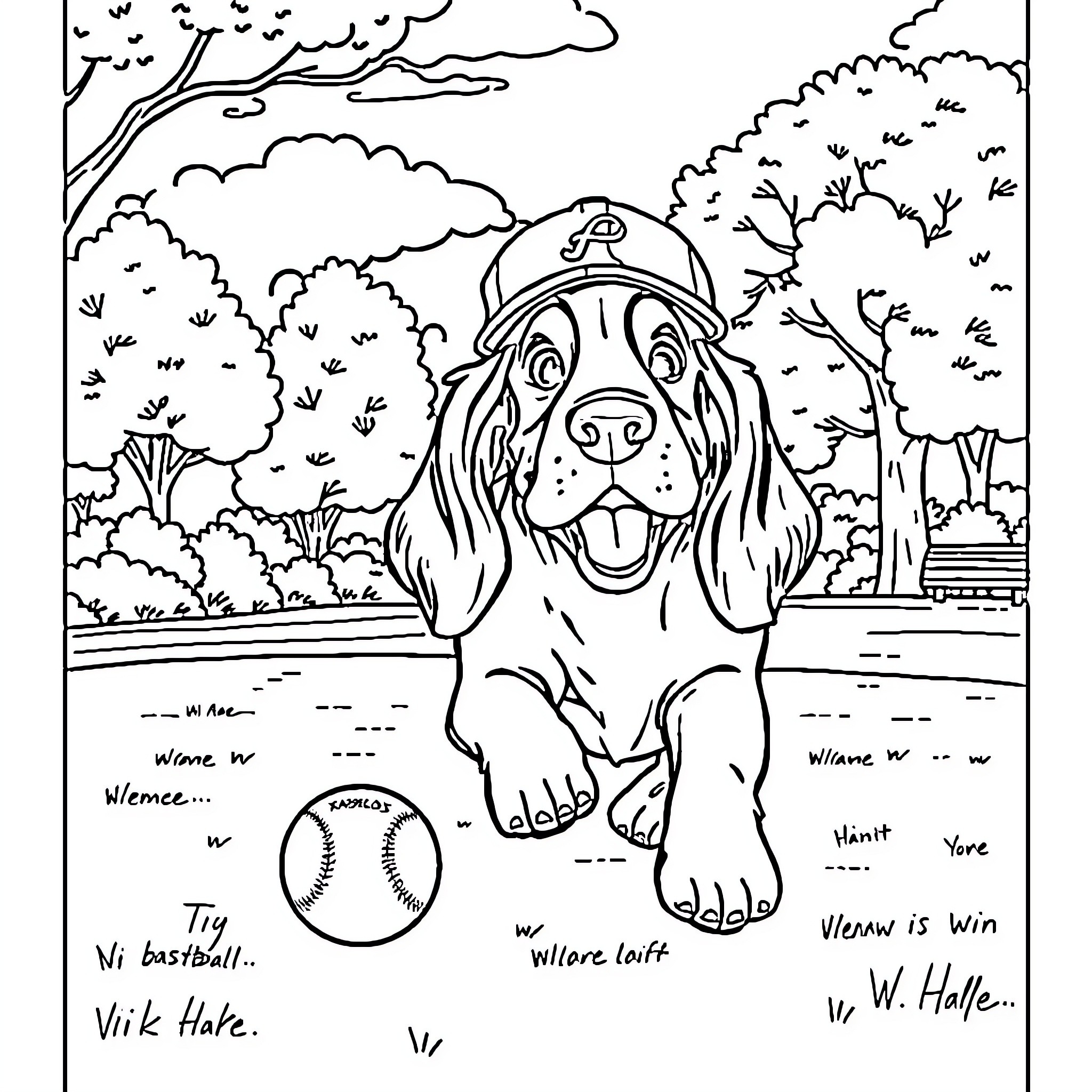Bassett Hound playing happily with a baseball in the park Coloring Page (free black-and-white line drawing printable PDF for all, from beginners to advanced learners, including children, teens, adults, and seniors)