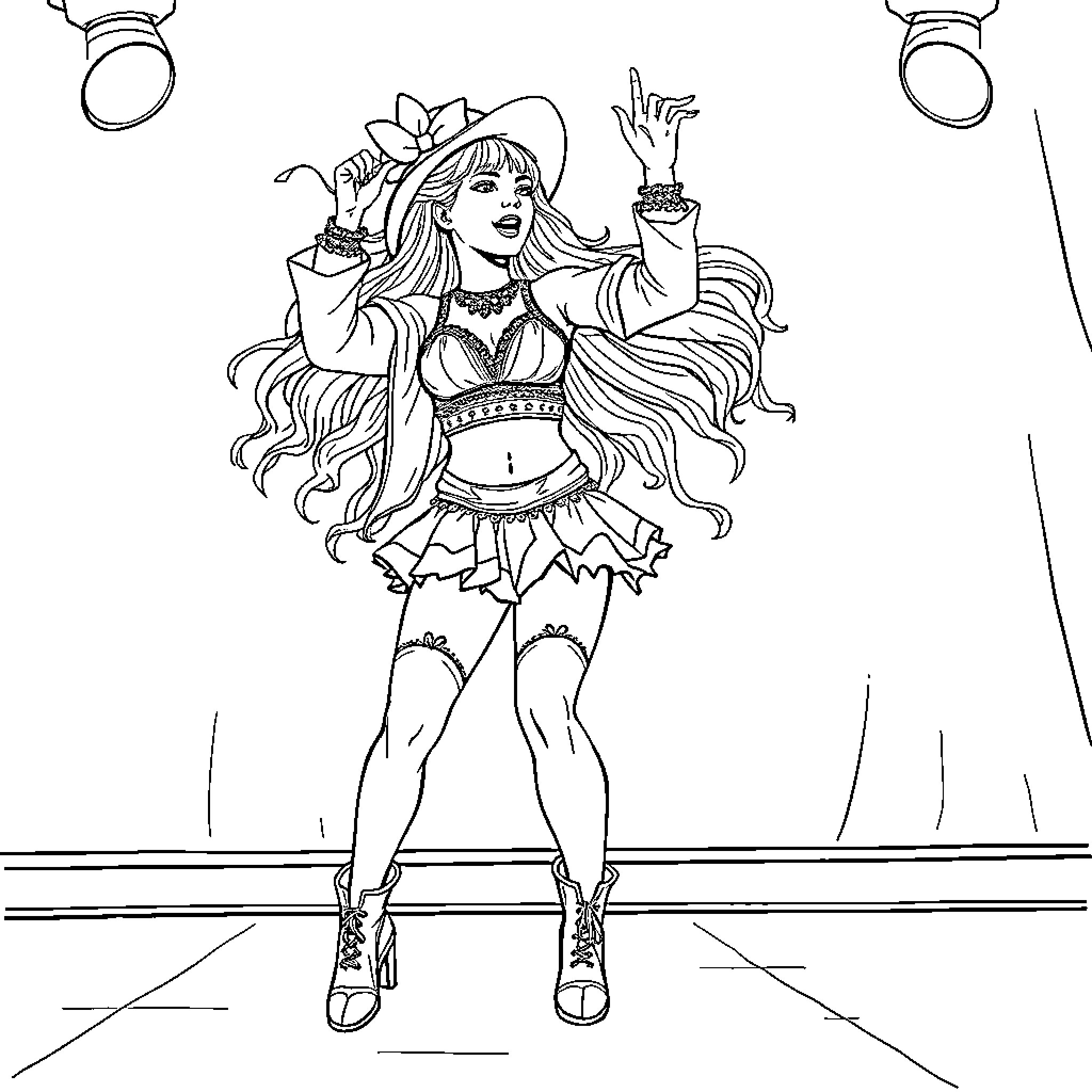 Guerrera Dancer Performing with Theatrical Flair Coloring Page (free black-and-white line drawing printable PDF for all, from beginners to advanced learners, including children, teens, adults, and seniors)