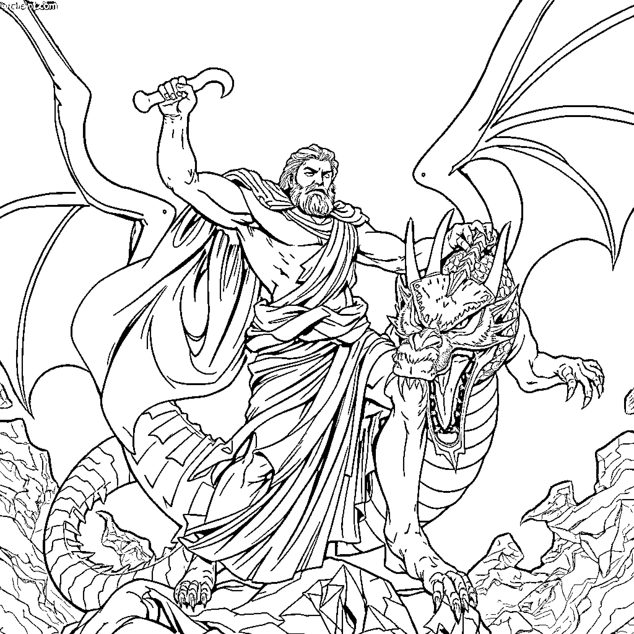 Greek God battles fearsome mythical dragon Coloring Page (free black-and-white line drawing printable PDF for all, from beginners to advanced learners, including children, teens, adults, and seniors)