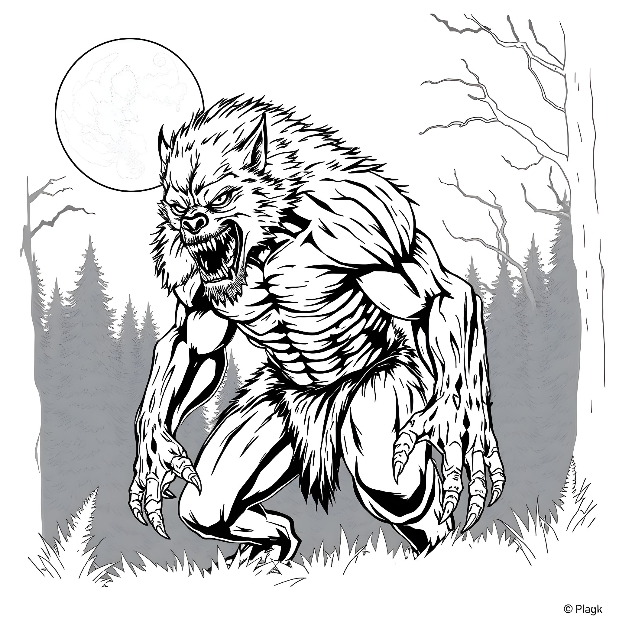 Frankenstein's Monster Stalking in the Moonlight Coloring Page (free black-and-white line drawing printable PDF for all, from beginners to advanced learners, including children, teens, adults, and seniors)