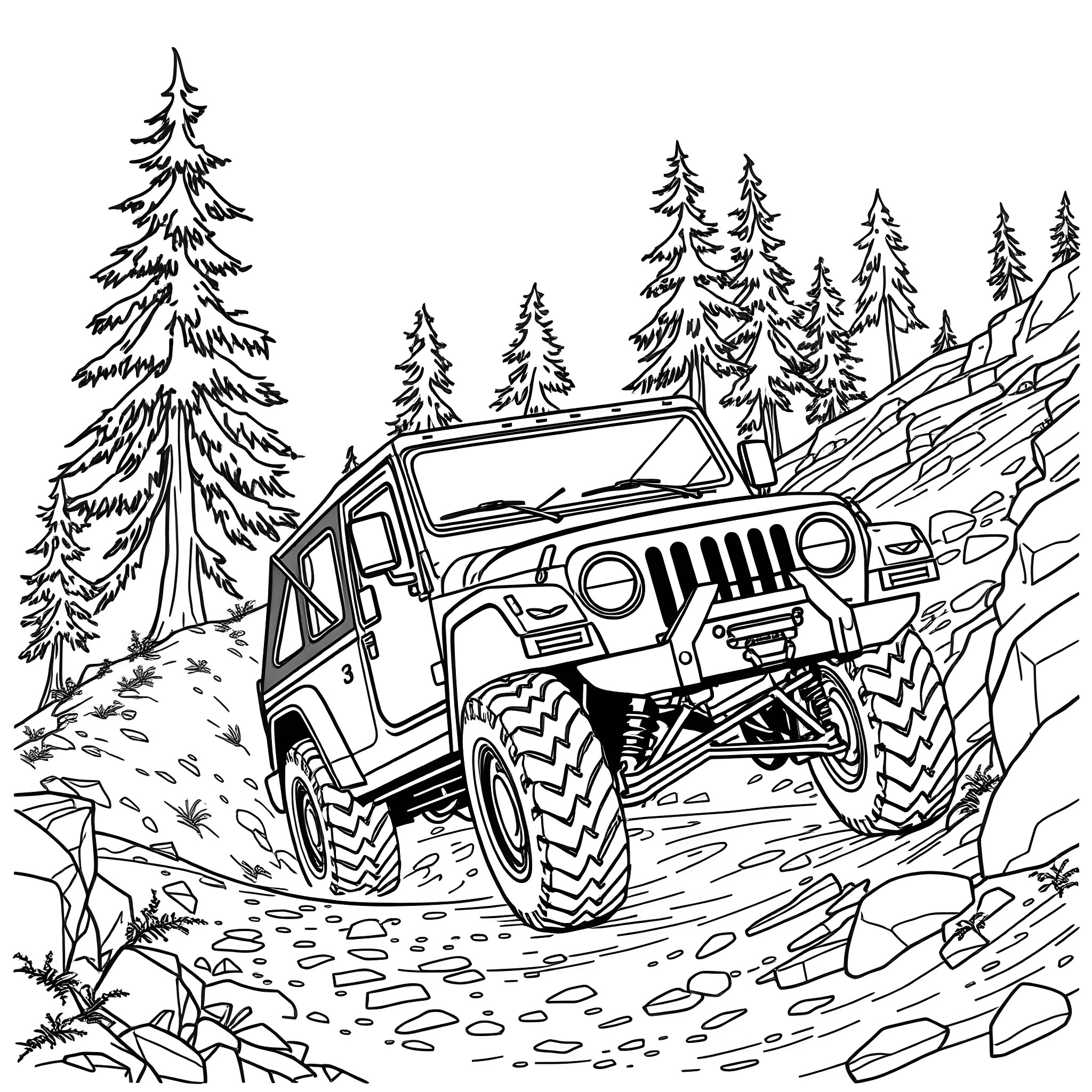 Polaris off-road vehicle driving through the forest Coloring Page (free black-and-white line drawing printable PDF for all, from beginners to advanced learners, including children, teens, adults, and seniors)