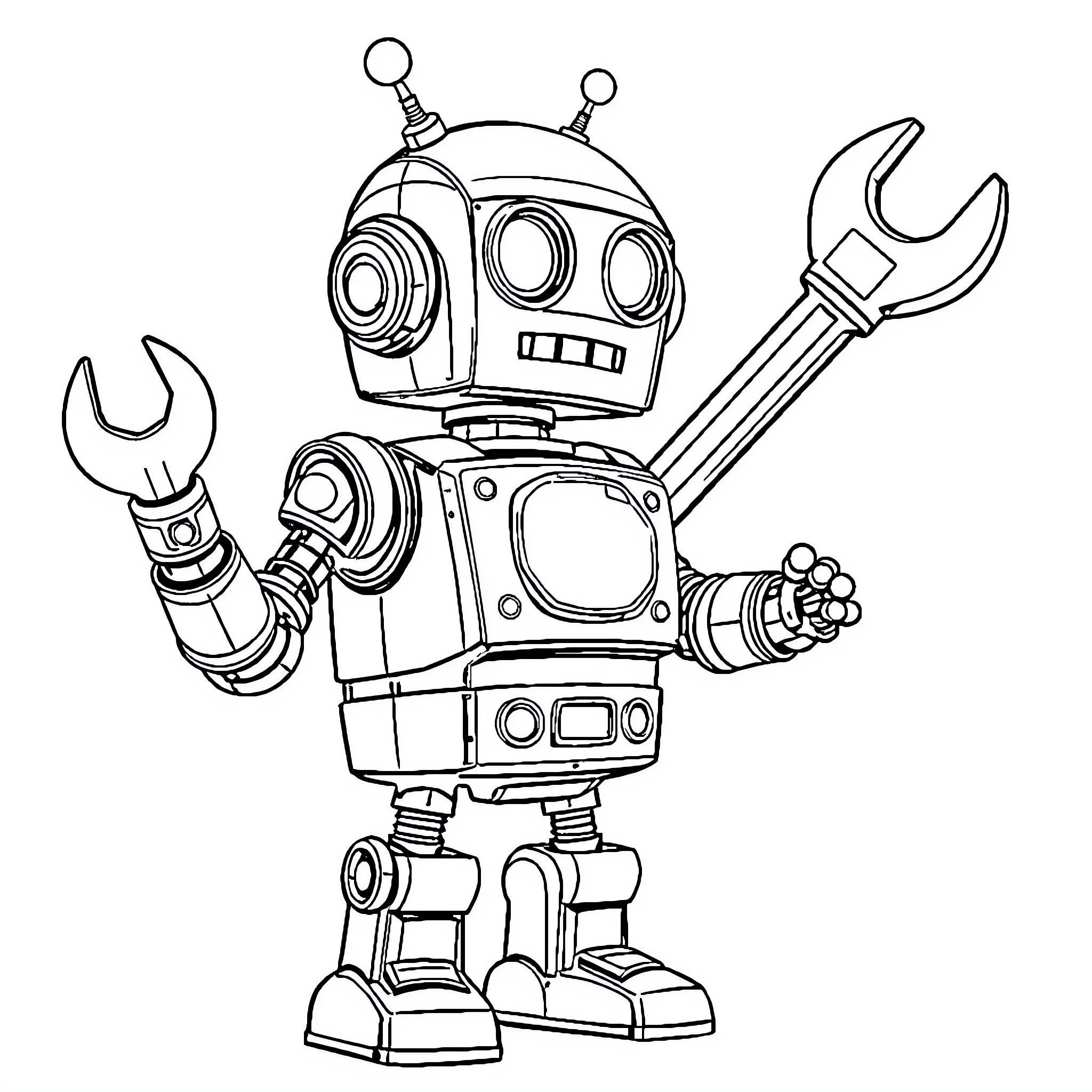 Robot Mechanic Holding Wrenches Coloring Page (free black-and-white line drawing printable PDF for all, from beginners to advanced learners, including children, teens, adults, and seniors)