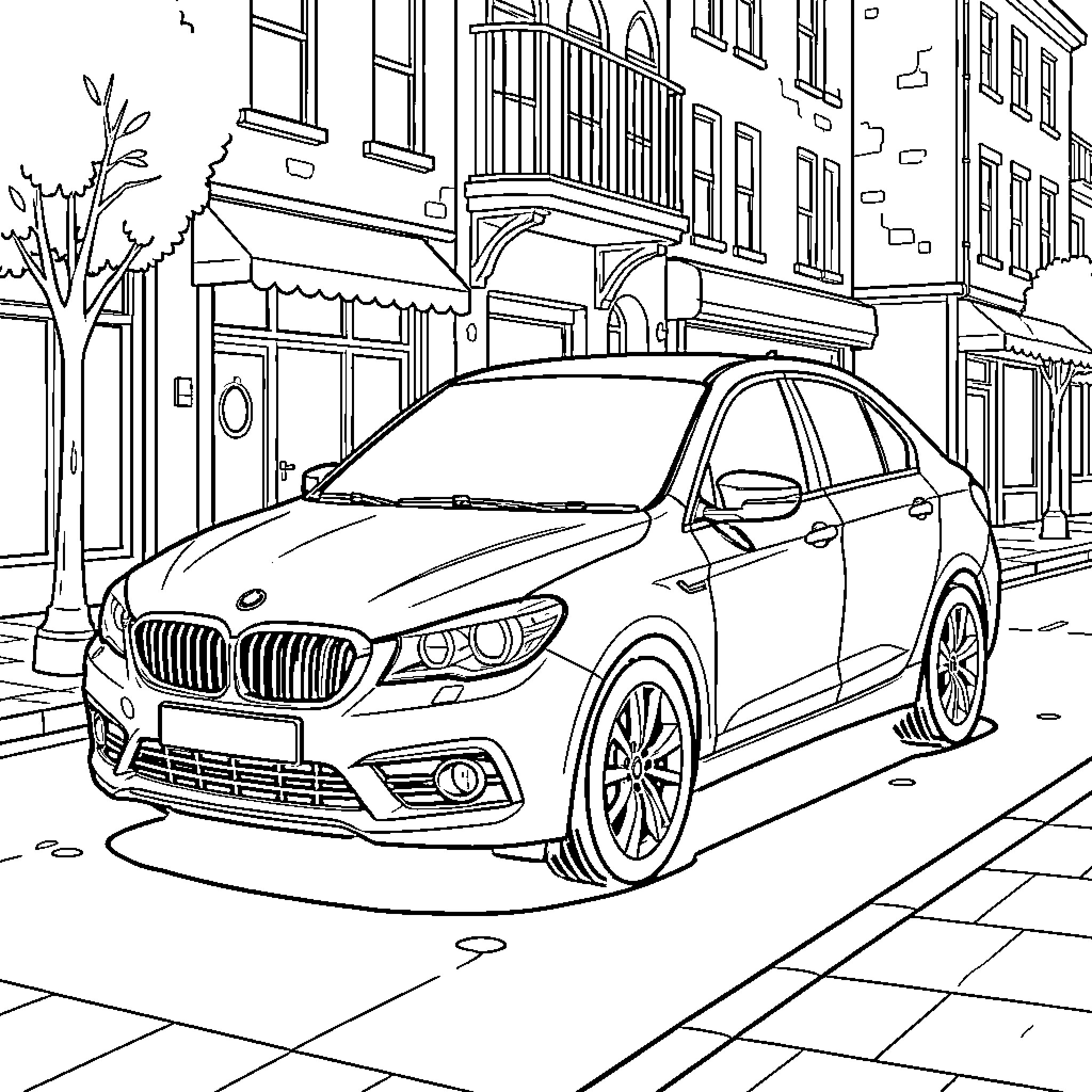 Car parked on city street near shops Coloring Page (free black-and-white line drawing printable PDF for all, from beginners to advanced learners, including children, teens, adults, and seniors)