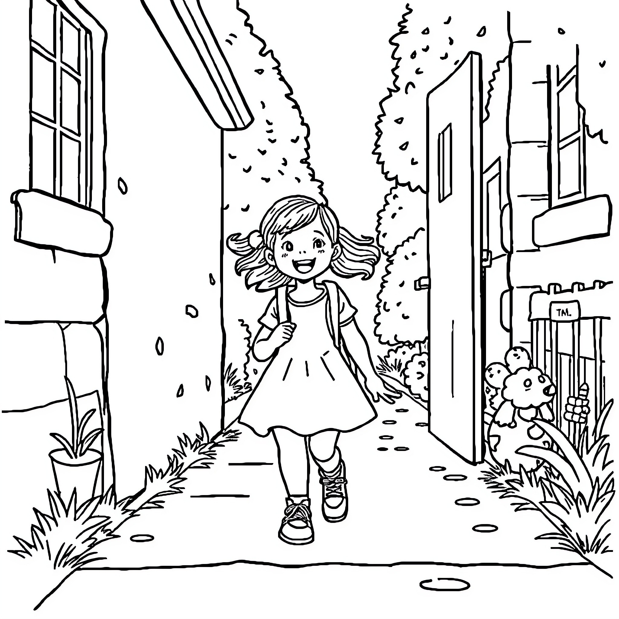 Girl walking happily in the neighborhood Coloring Page (free black-and-white line drawing printable PDF for all, from beginners to advanced learners, including children, teens, adults, and seniors)