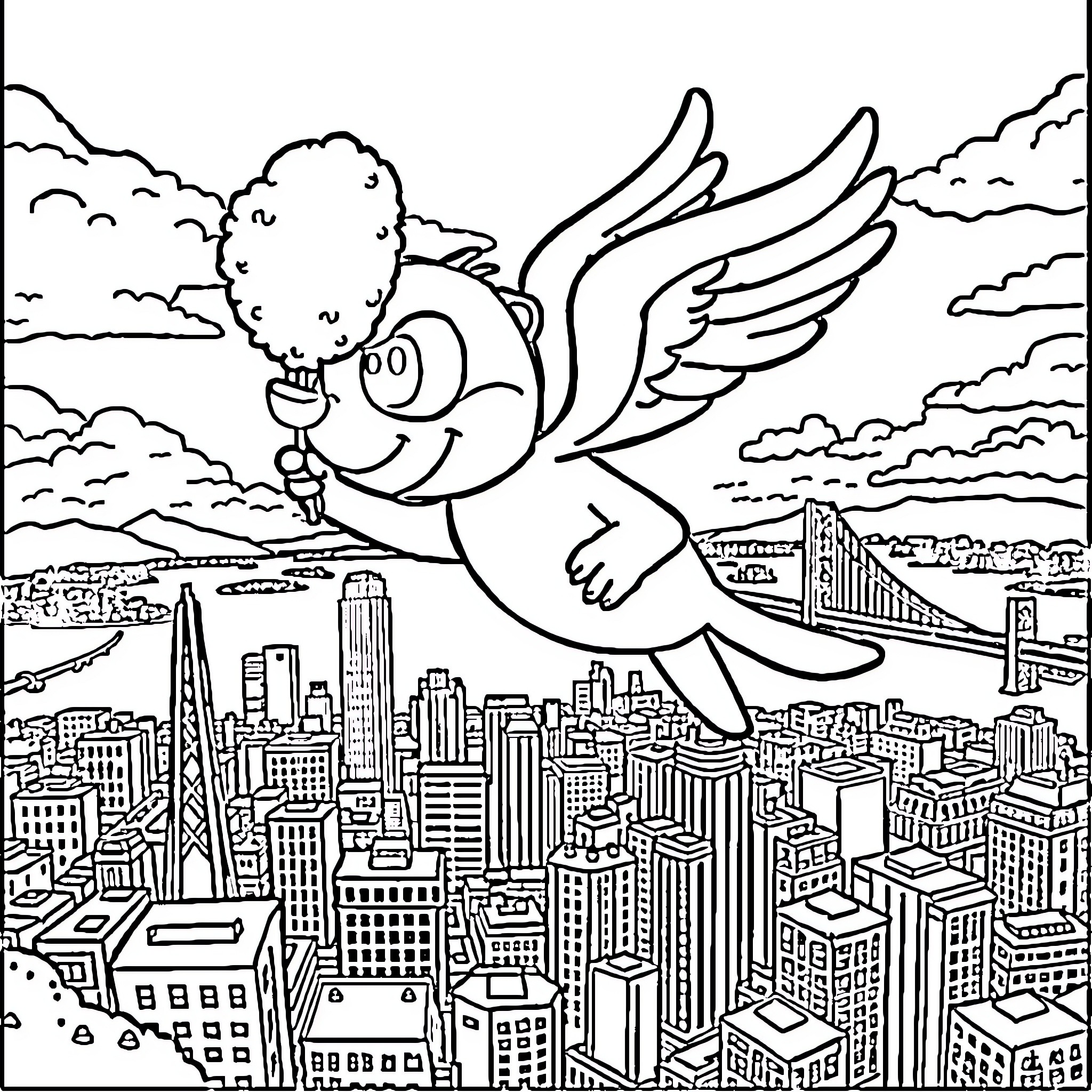 Petrie Soaring Over the City Skyline Coloring Page (free black-and-white line drawing printable PDF for all, from beginners to advanced learners, including children, teens, adults, and seniors)