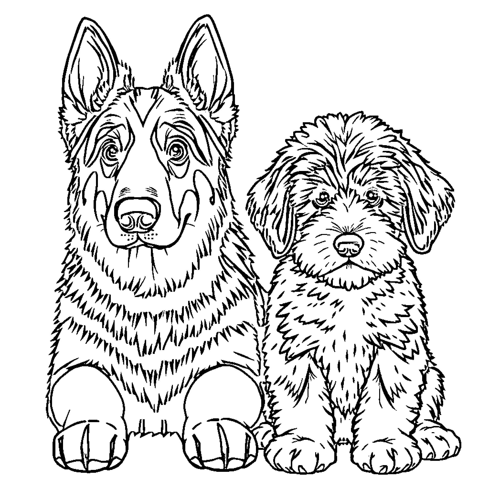 Dog companions cuddling together Coloring Page (free black-and-white line drawing printable PDF for all, from beginners to advanced learners, including children, teens, adults, and seniors)